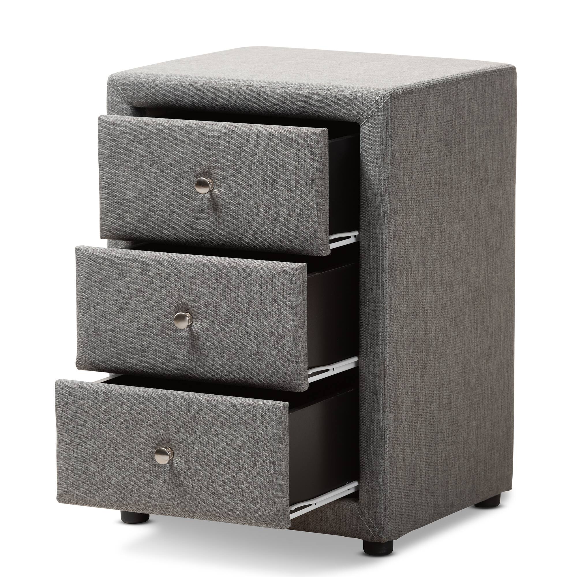 Angle. Baxton Studio - Tessa Modern and Contemporary Fabric Upholstered 3-Drawer Nightstand - Grey.