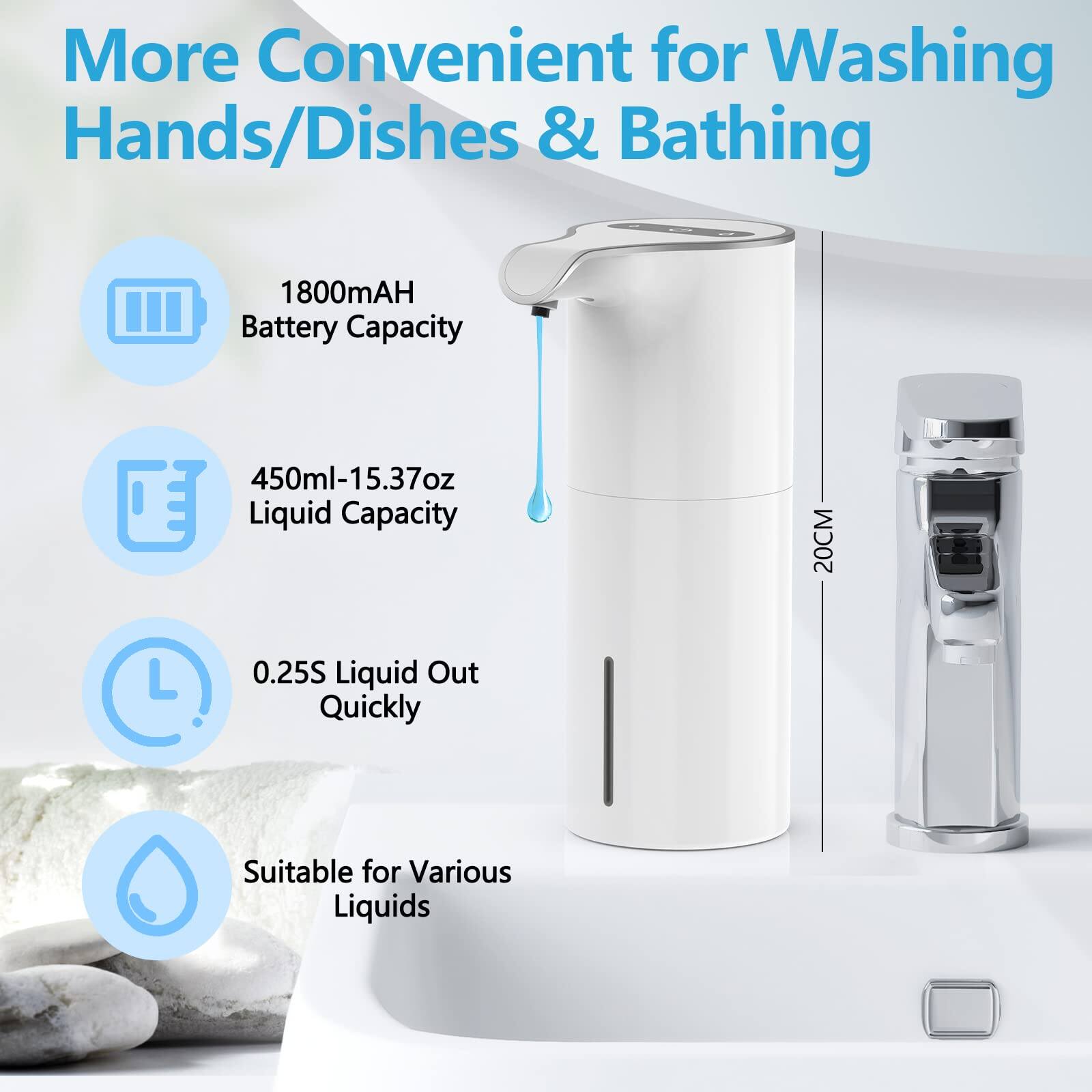 More Convenient for Washing Hands/Dishes & Bathing

- 1800mAh Battery Capacity
- 450ml-15.37oz Liquid Capacity
- 0.25S Liquid Out Quickly
- Suitable for Various Liquids