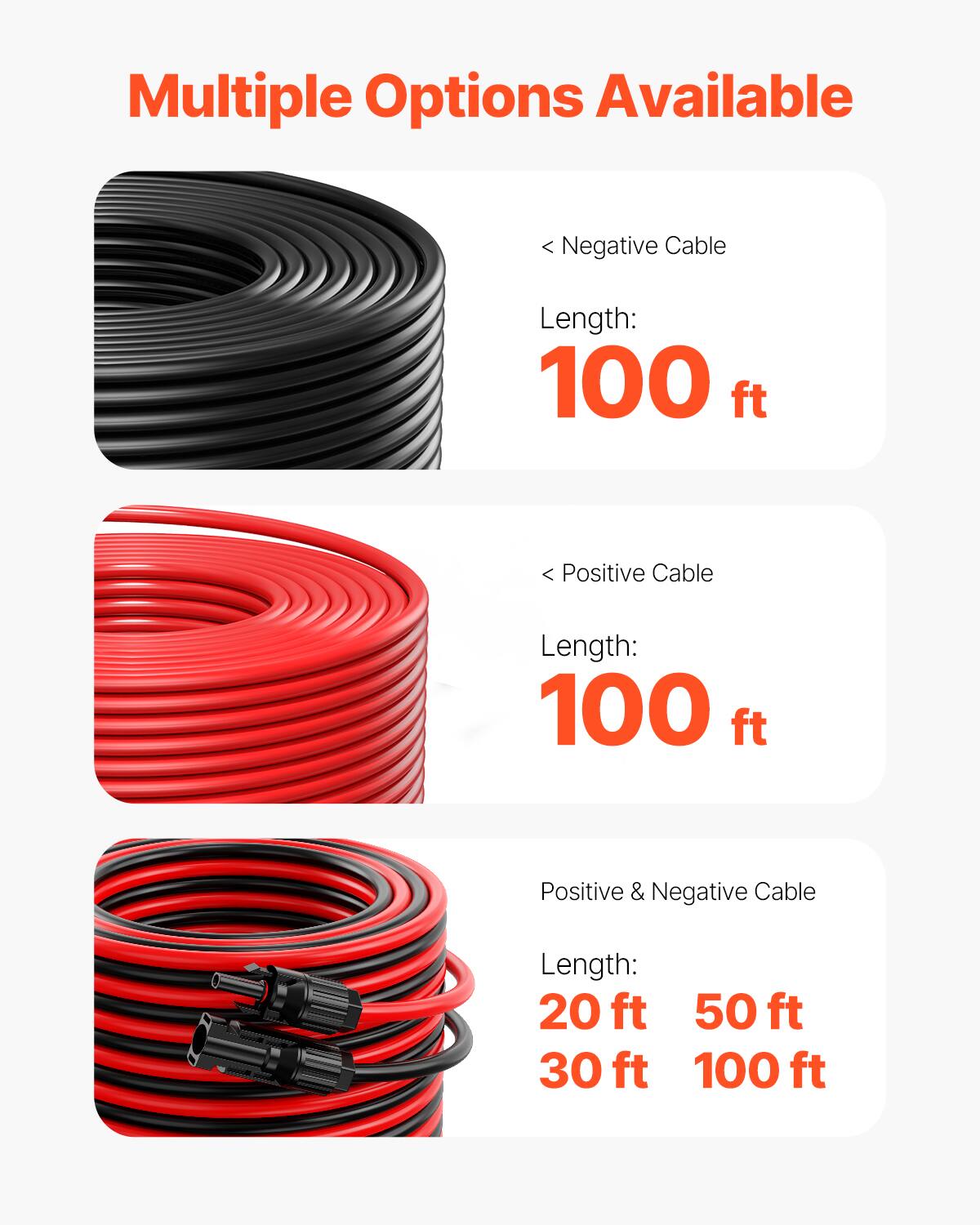 Multiple Options Available

- Negative Cable
  - Length: 100 ft

- Positive Cable
  - Length: 100 ft

- Positive & Negative Cable
  - Length: 20 ft, 50 ft, 30 ft, 100 ft