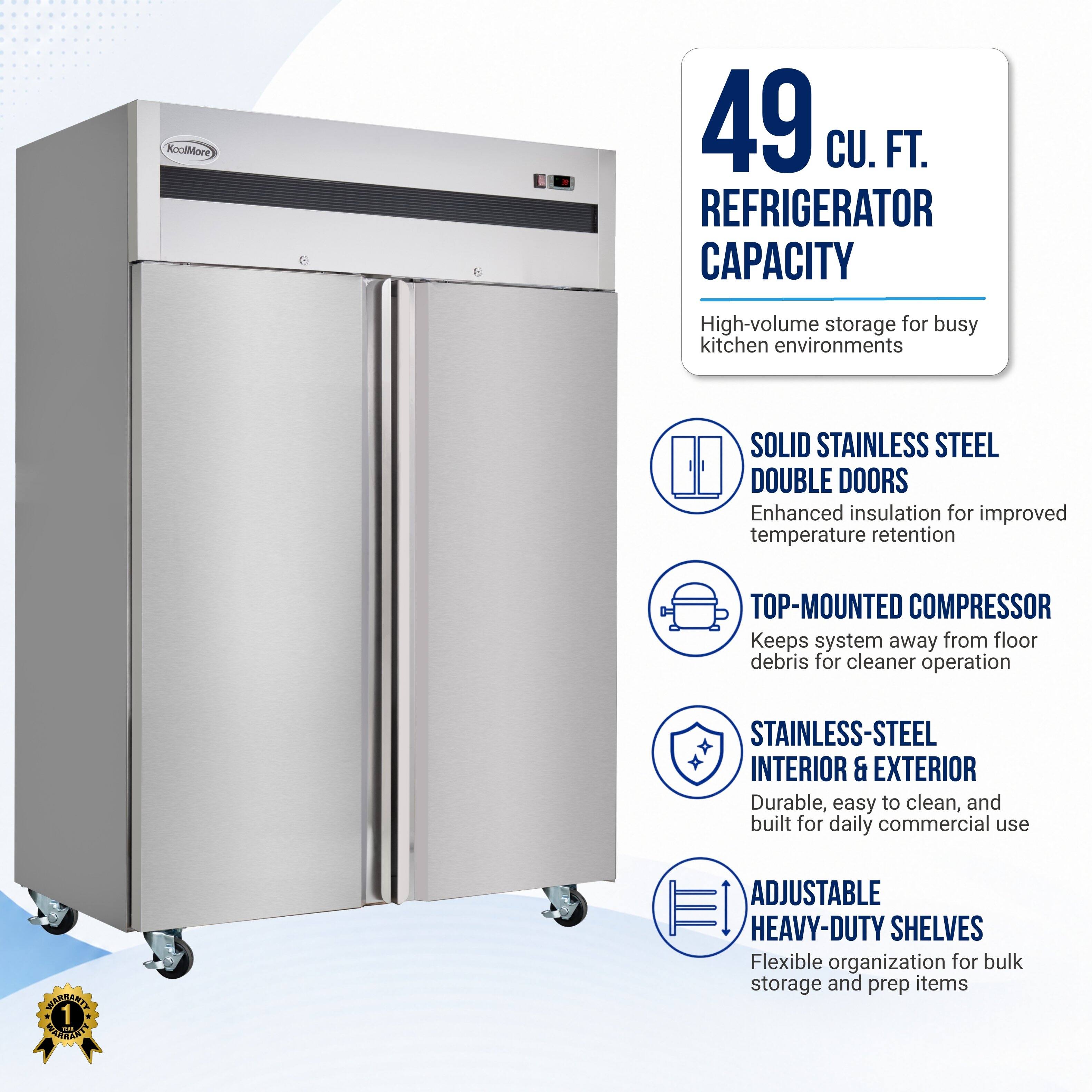 KoolMore  
49 CU. FT. REFRIGERATOR CAPACITY  
High-volume storage for busy kitchen environments  
SOLID STAINLESS STEEL DOUBLE DOORS  
Enhanced insulation for improved temperature retention  
TOP-MOUNTED COMPRESSOR  
Keeps system away from floor debris for cleaner operation  
STAINLESS-STEEL INTERIOR & EXTERIOR  
Durable, easy to clean, and built for daily commercial use  
ADJUSTABLE HEAVY-DUTY SHELVES  
Flexible organization for bulk storage and prep items