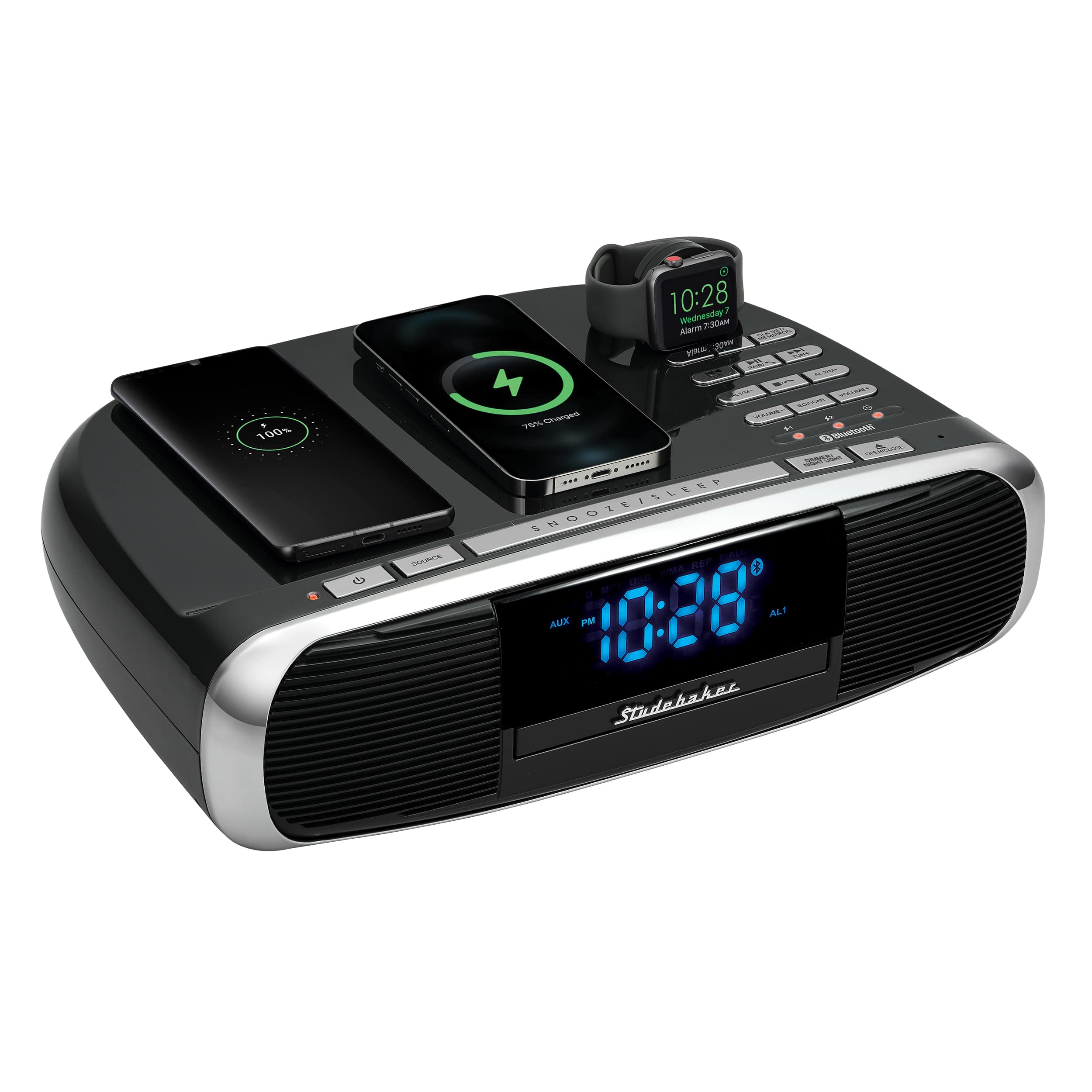 Studebaker - Workstation Hi-Fi CD Clock Radio and Wireless Charging Station - Black - Front_Zoom