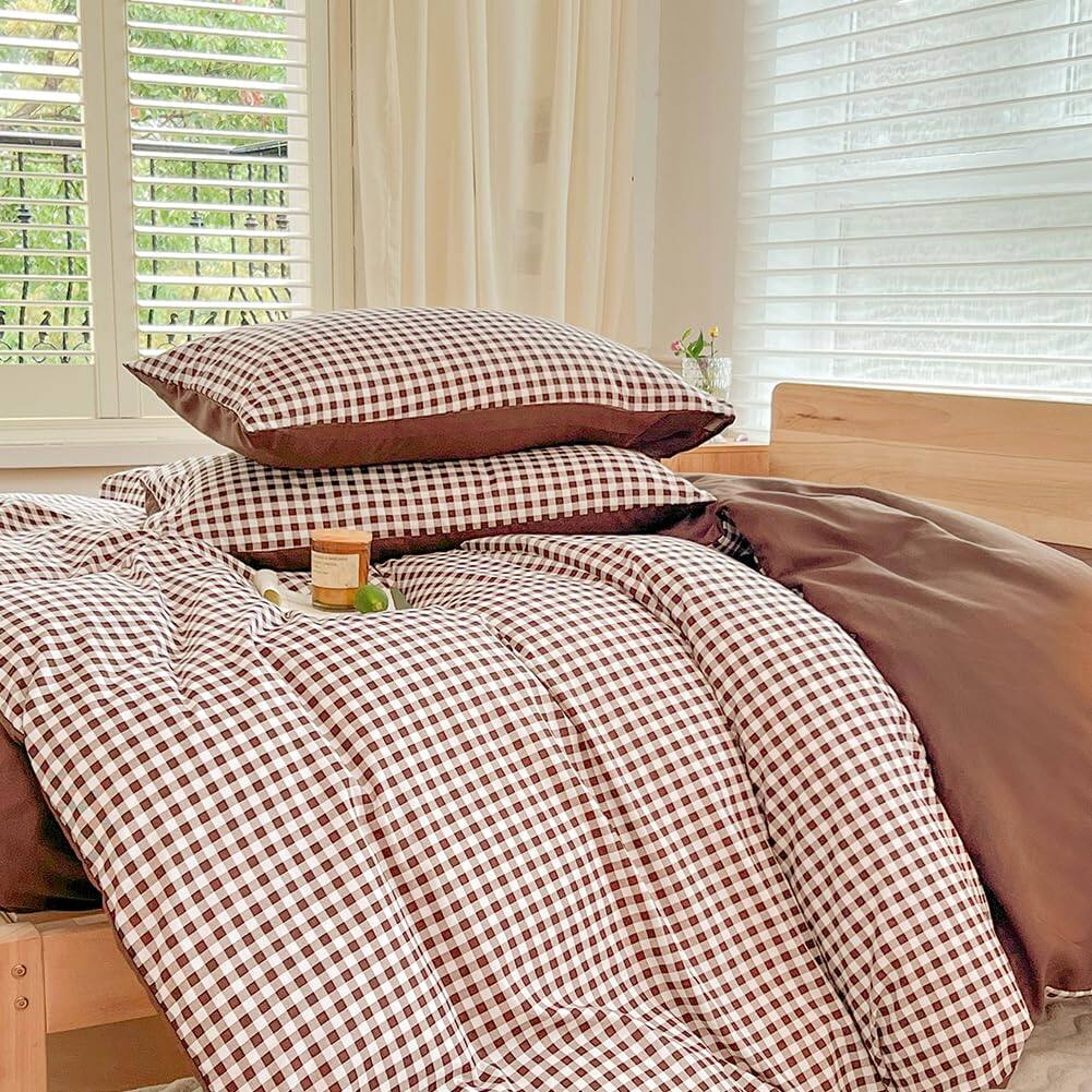Alt View 2. Stylel Star - Mocha Gingham Duvet Cover Set King Dark Tan Grid Simple Geometric Square Pattern Comforter Soft Plaid Washed... - Pink Gingham-Twin/Twin XL(68"*90").