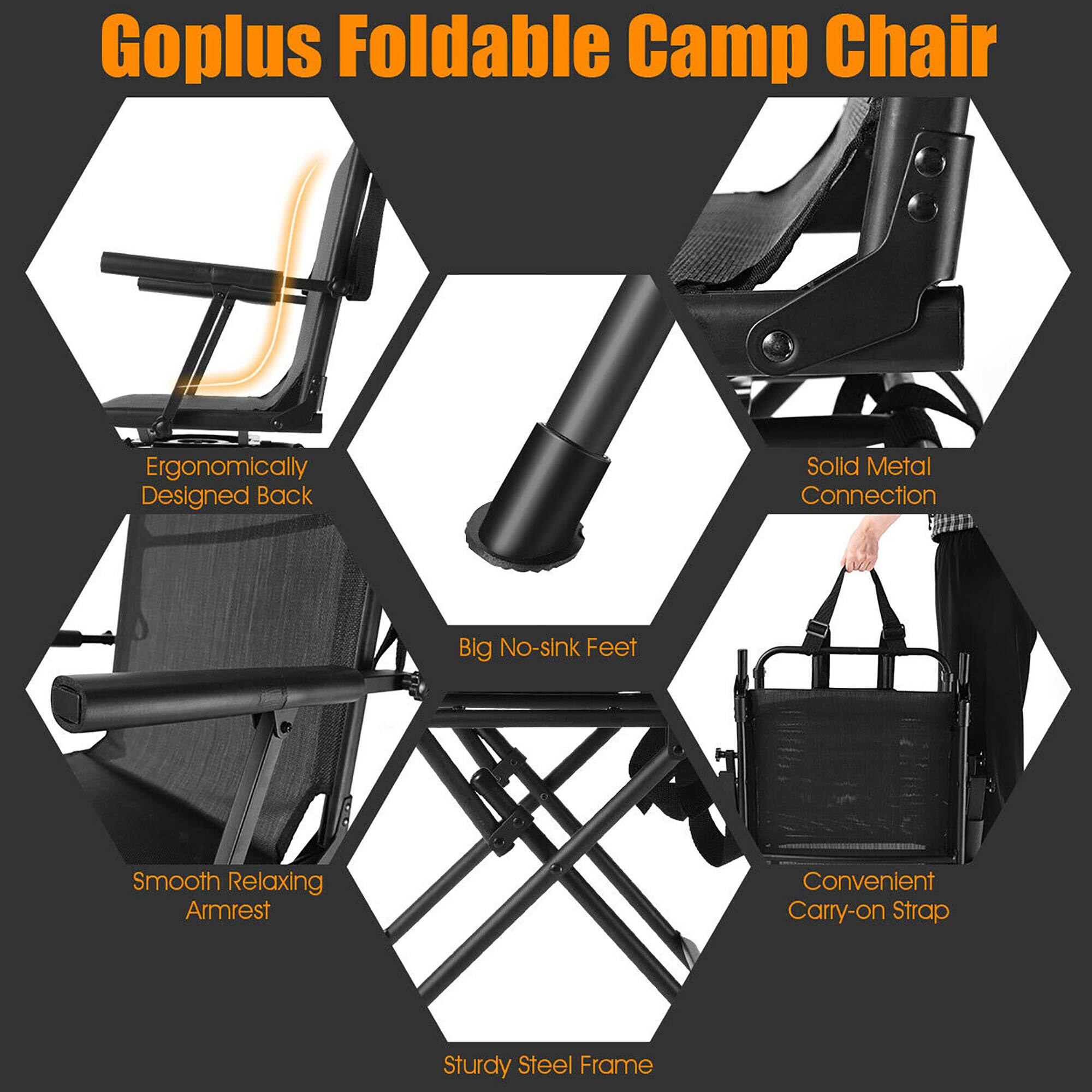 Goplus Foldable Camp Chair

- Ergonomically Designed Back
- Solid Metal Connection
- Big No-sink Feet
- Smooth Relaxing Armrest
- Convenient Carry-on Strap
- Sturdy Steel Frame