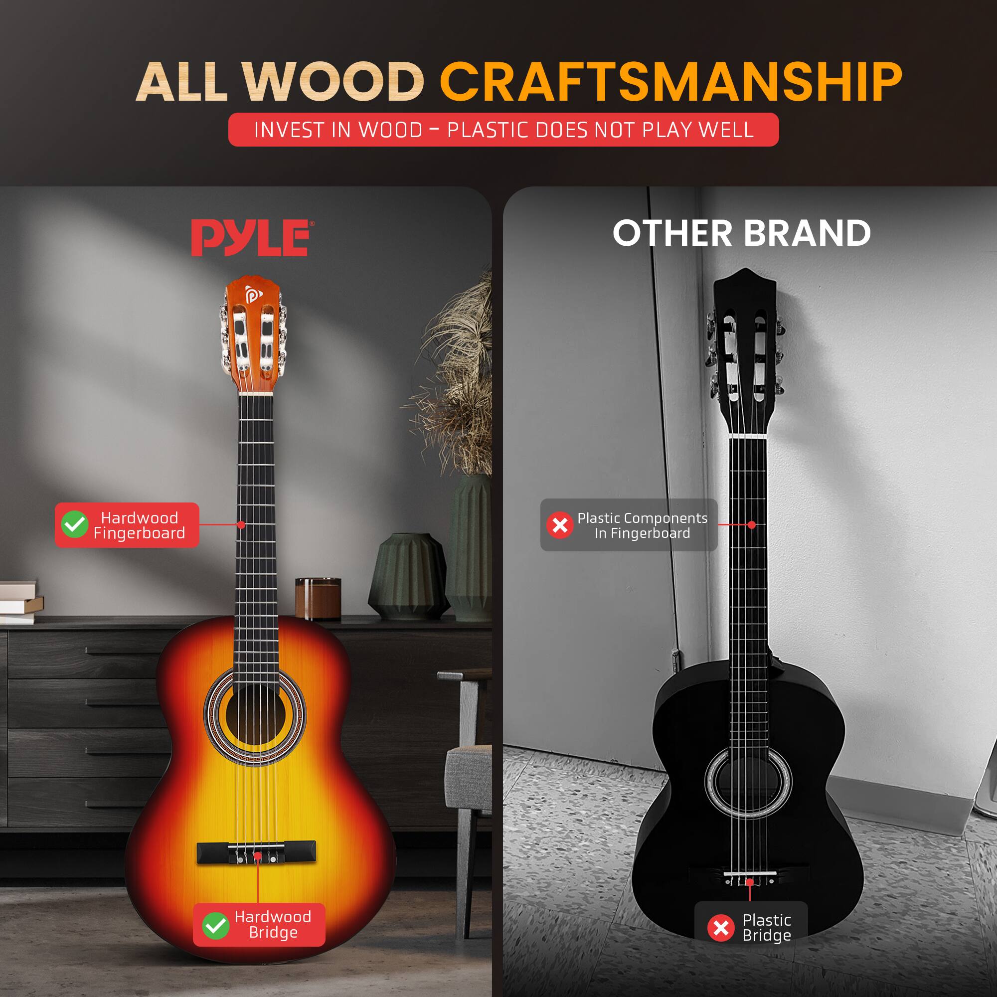 ALL WOOD CRAFTSMANSHIP  
INVEST IN WOOD - PLASTIC DOES NOT PLAY WELL  

PYLE  
Hardwood Fingerboard  
Hardwood Bridge  

OTHER BRAND  
Plastic Components in Fingerboard  
Plastic Bridge