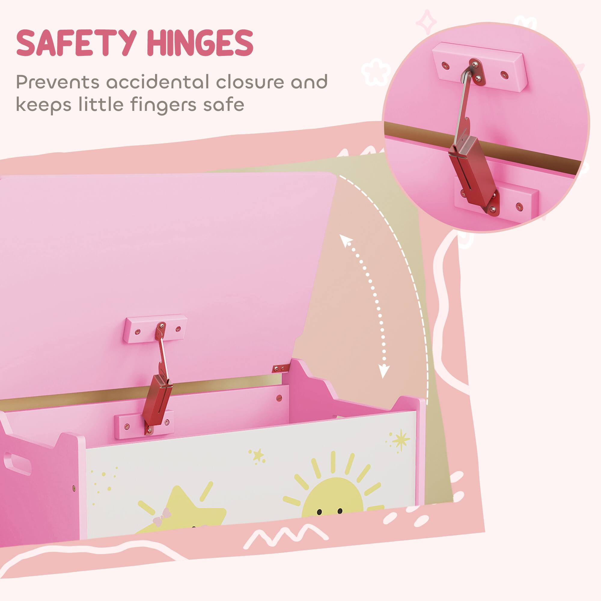 SAFETY HINGES  
Prevents accidental closure and keeps little fingers safe