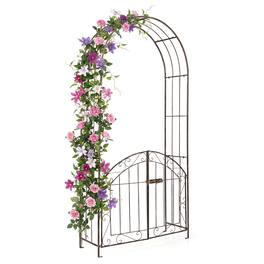 Costway - 79" Metal Garden Arch with Gate, Heavy Duty Arbor Trellis with 4 Stakes - Bronze