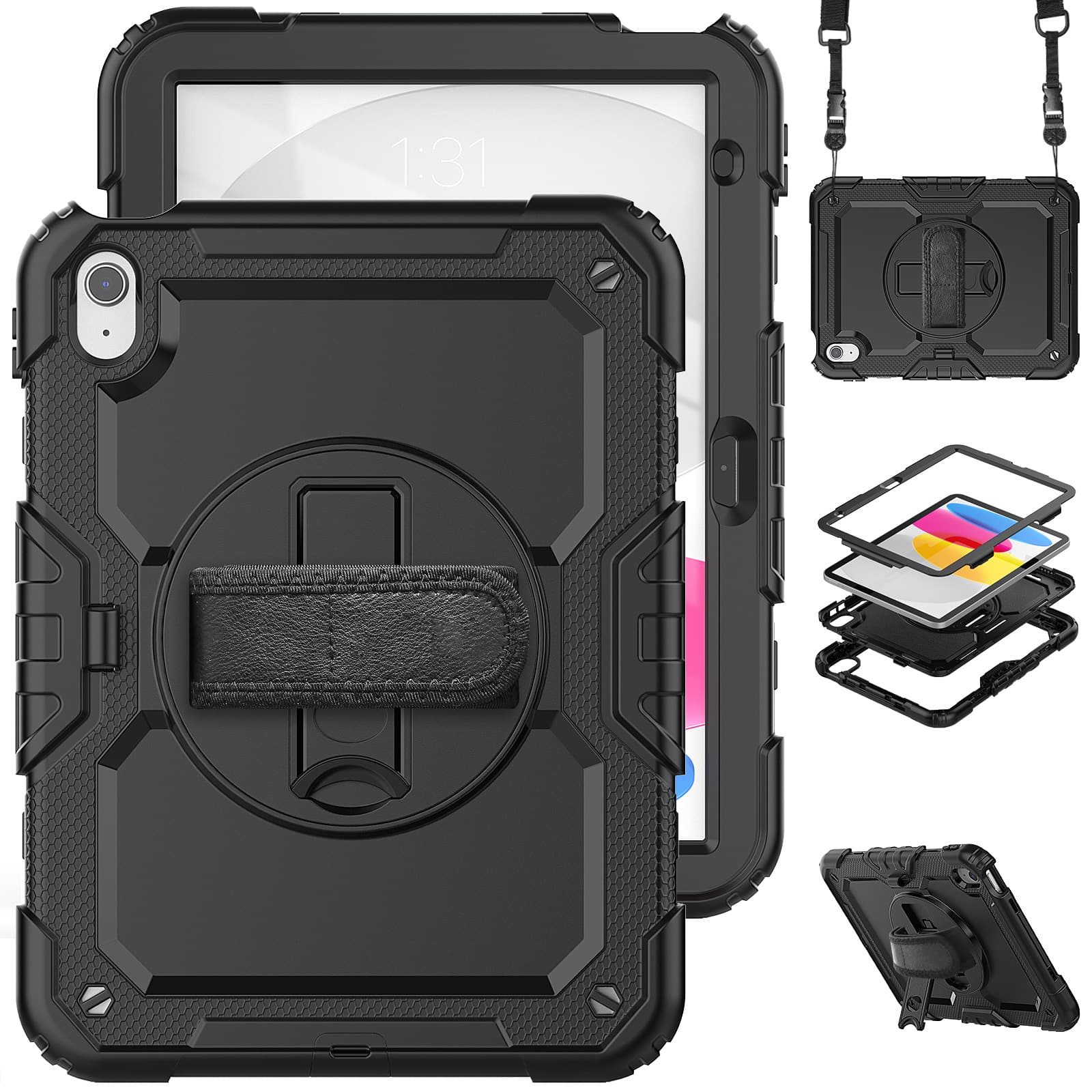 Dteck - For Apple iPad 11"(A16 chip 2025)&iPad 10th 2022 Three-Layer Kickstand Shoulder Strap Case Built-in Screen Protector - Black