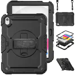 Dteck - For Apple iPad 11"(A16 chip 2025)&iPad 10th 2022 Three-Layer Kickstand Shoulder Strap Case Built-in Screen Protector - Black