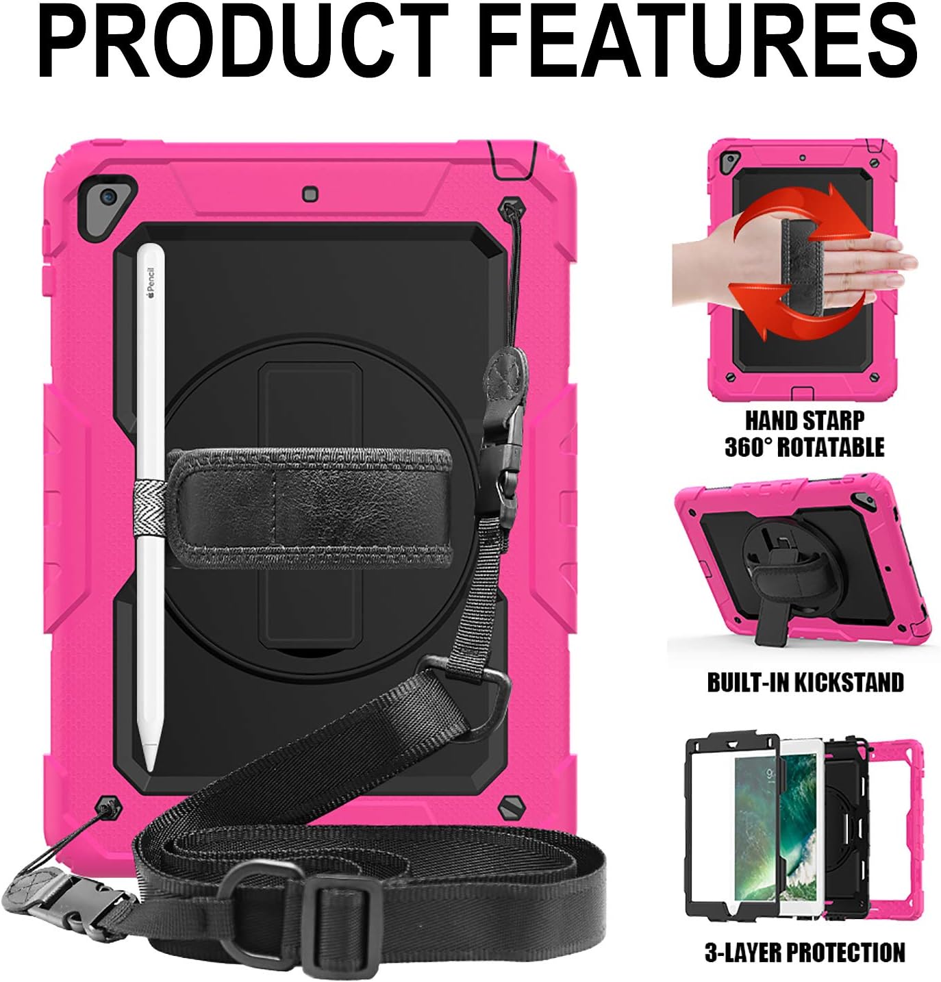 PRODUCT FEATURES

- Pencil
- HAND STARP 360° ROTATABLE
- BUILT-IN KICKSTAND
- 3-LAYER PROTECTION