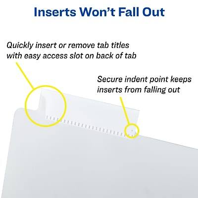 Inserts Won't Fall Out

Quickly insert or remove tab titles with easy access slot on back of tab

Secure indent point keeps inserts from falling out