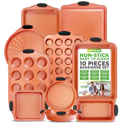 nutrichef NON-STICK EASY TO CLEAN 10 PIECES BAKEWARE SET Big Baking Pan Small Baking Pan Big Cookie Sheet Loaf Pan Round Pan Square Pan 12 Muffin Pan 24 Muffin Pan 12.4 x 9.4 10.4 x 8.7