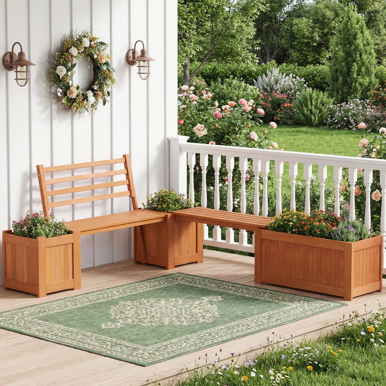 Alt View 3. Costway - Costway Outdoor Planter Box Set with Shorea Hardwood Planter Box, Bench, Slat Backrest - Natural.