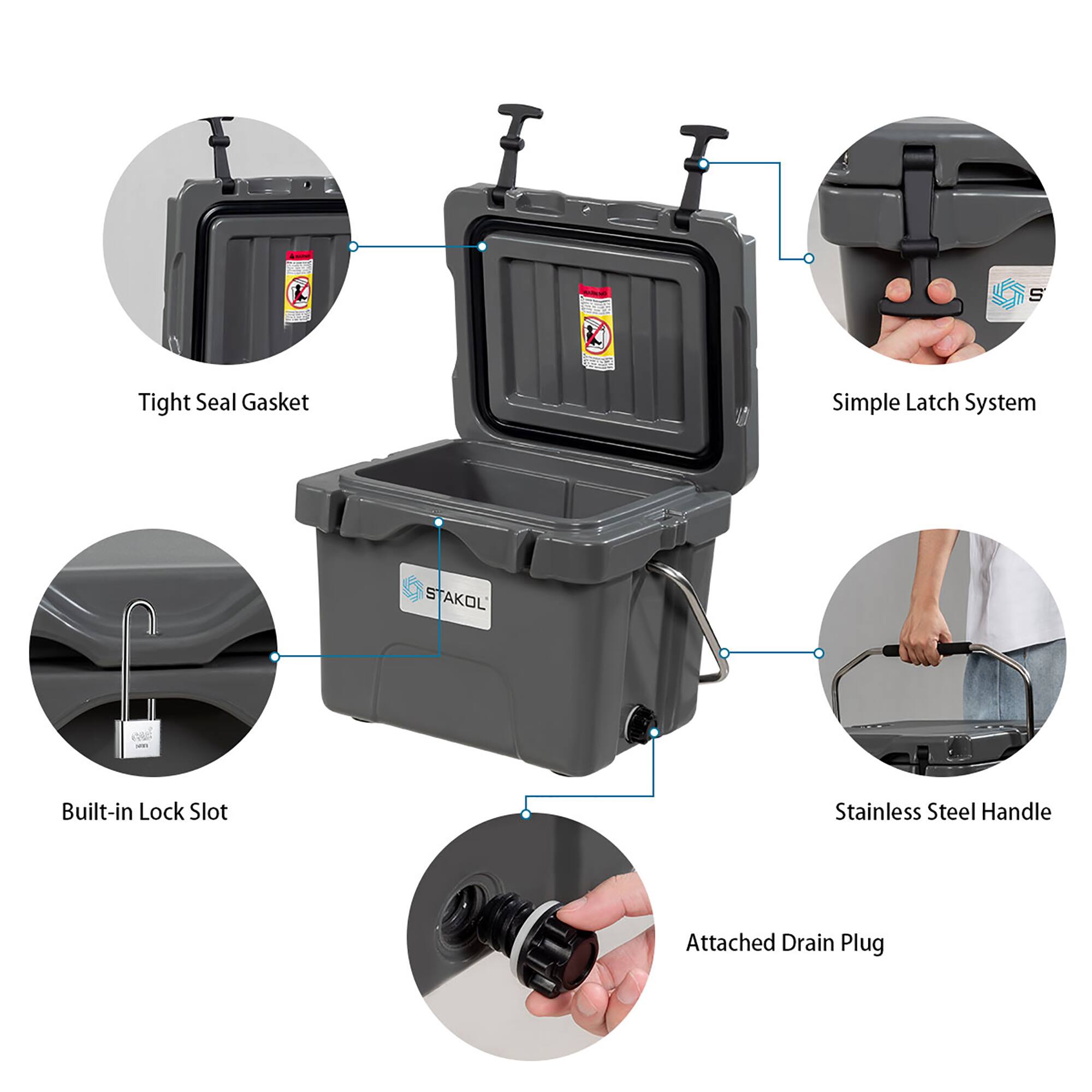 - Tight Seal Gasket
- Simple Latch System
- Built-in Lock Slot
- Stainless Steel Handle
- Attached Drain Plug