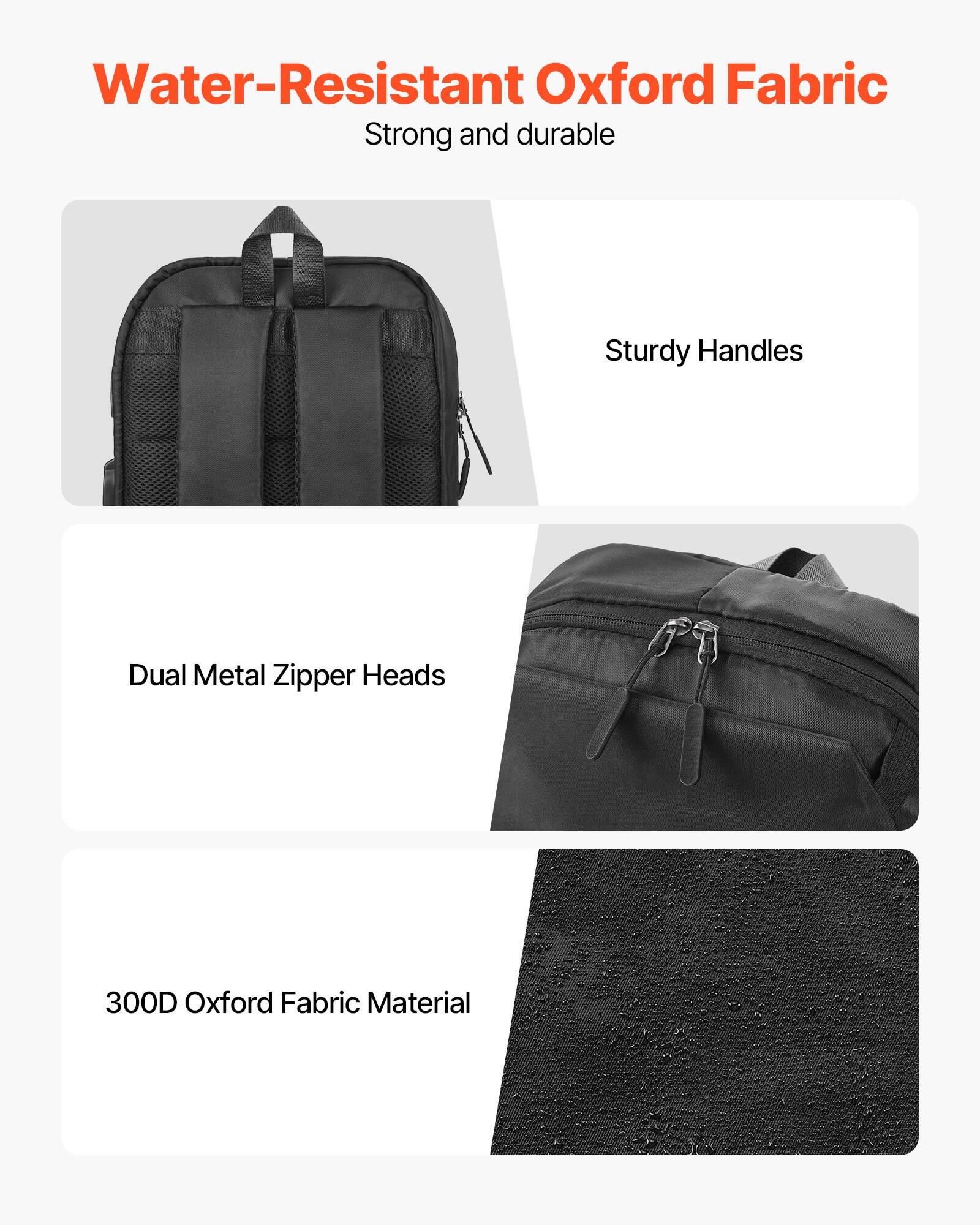 Water-Resistant Oxford Fabric  
Strong and durable  

Sturdy Handles  

Dual Metal Zipper Heads  

300D Oxford Fabric Material