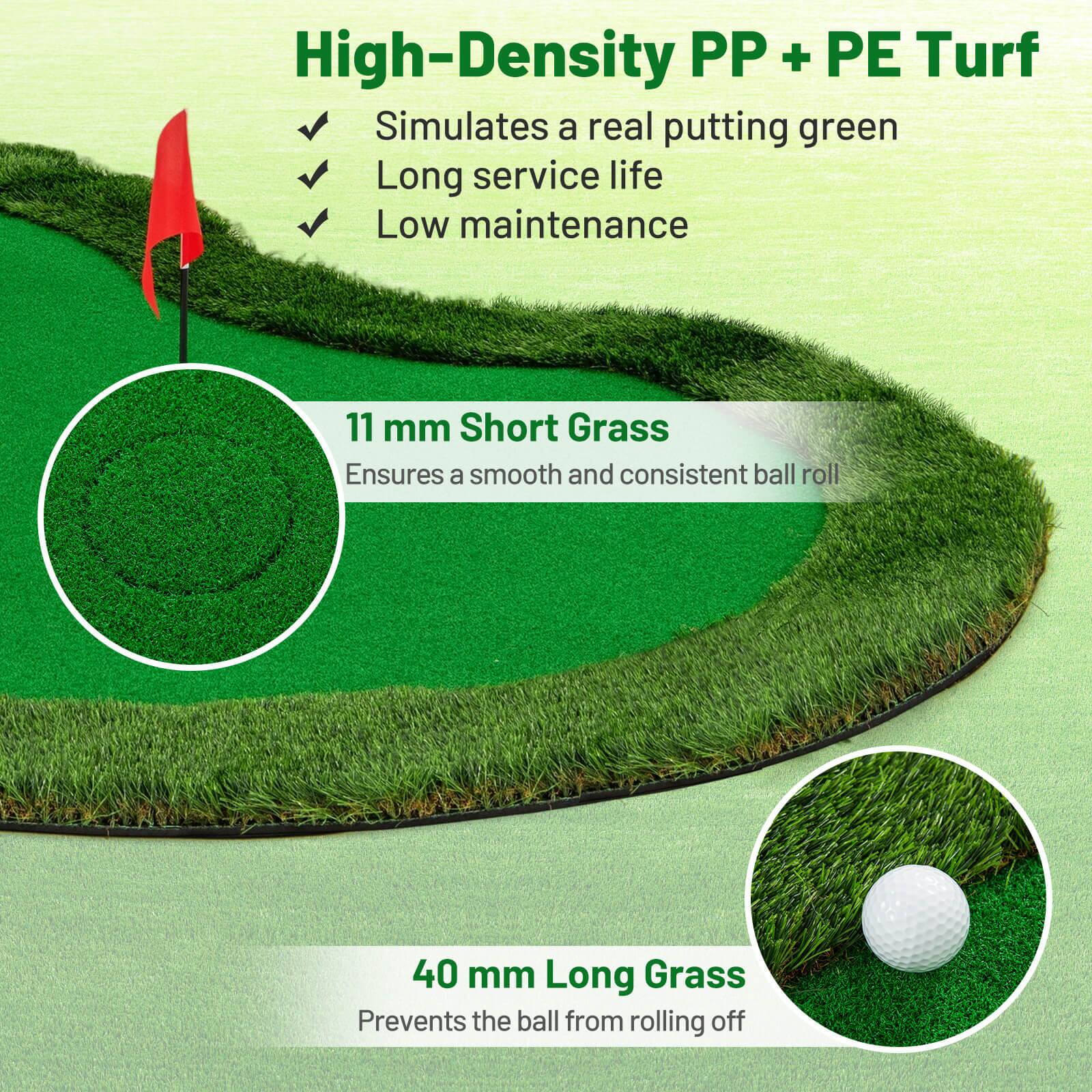 High-Density PP + PE Turf  
- Simulates a real putting green  
- Long service life  
- Low maintenance  

11 mm Short Grass  
Ensures a smooth and consistent ball roll  

40 mm Long Grass  
Prevents the ball from rolling off
