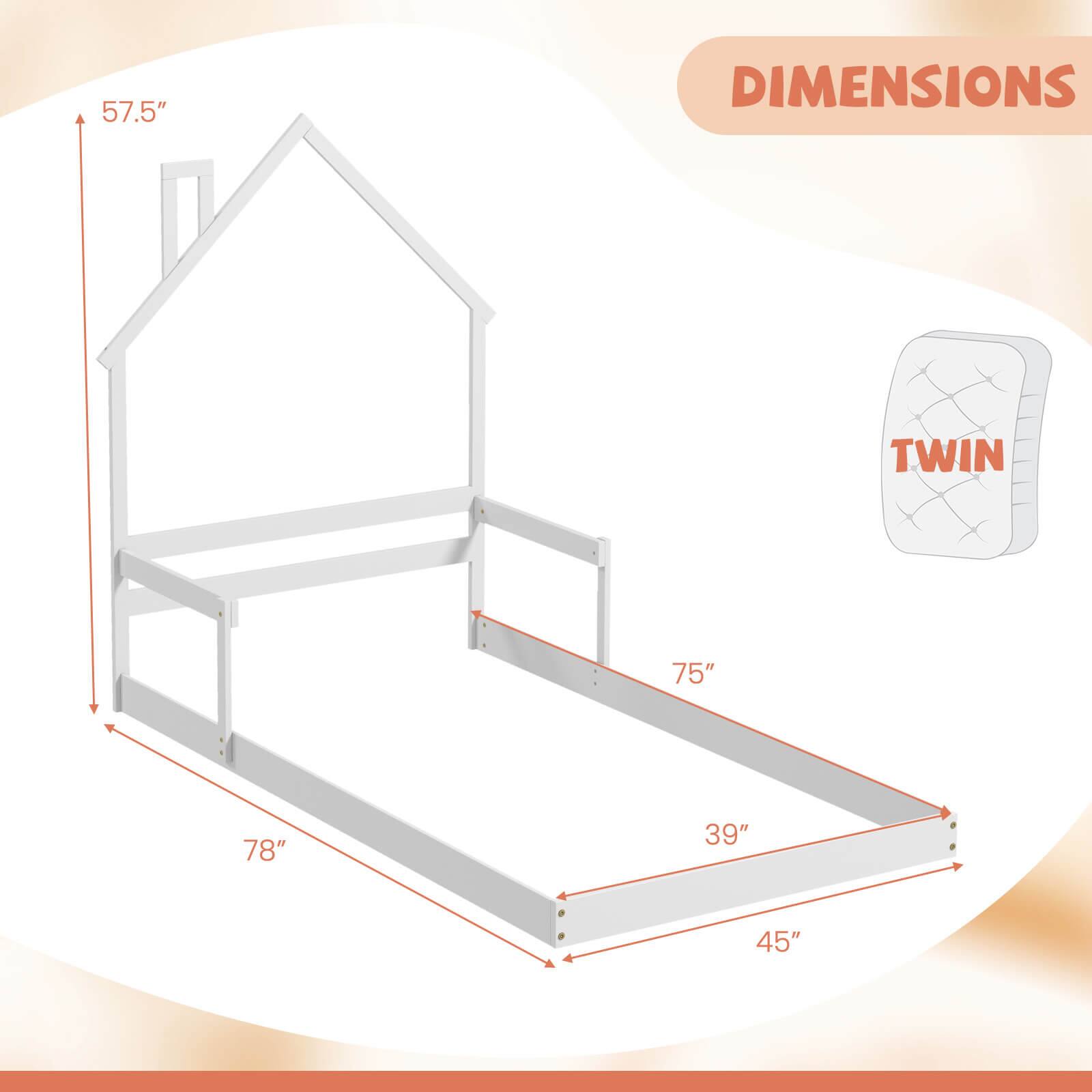The text on the image reads: "57.5" DIMENSIONS TWIN 75" 78" 39" 45". This information is describing the dimensions of a twin bed. The bed is 57.5 inches wide, with a length of 75 inches, a height of 78 inches, and a mattress depth of 39 inches. The mattress height is 45 inches.