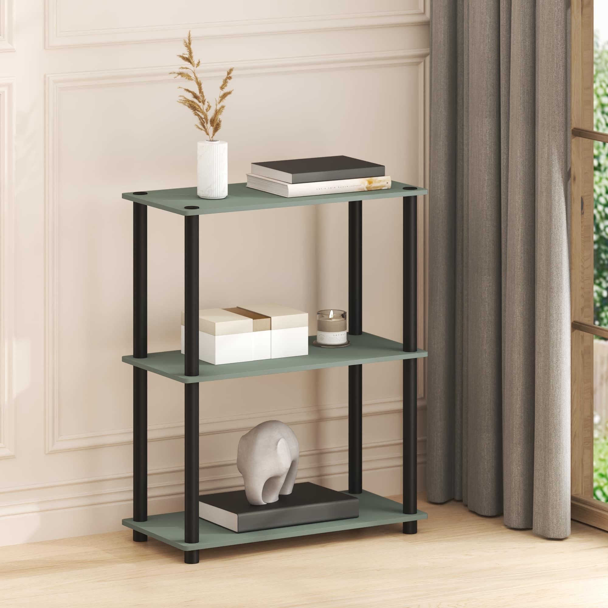 Furinno - TURN-N-TUBE Storage Shelves, Corner Bookshelf with Open Shelves, Toolless Design, for Living Room, Garage, Home Office - Sage Green/Black