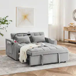 Tiramisubest - Modern Velvet Versatile Foldable Sofa Bed in 3 Lengths,Adjustable Back w/ USB Port,Ashtray & Swivel Phone Stand (Grey) - Gray