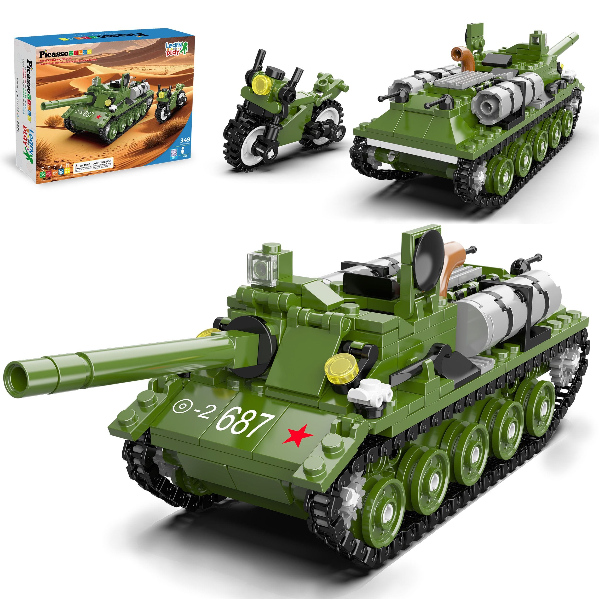 PicassoTiles - Army Tank & Military Motorcycle 349pc Building Set for Kids, STEM Tactical Vehicle Toy