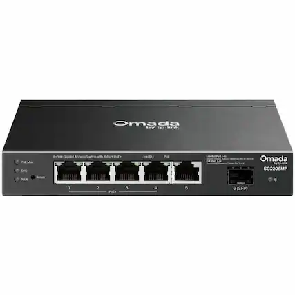 Omada by TP-Link SG2206MP
6-Port Gigabit Access Switch with 4-Port PoE
Ports: 1, 2, 3, 4, 5, 6 (SFP)
PoE Max
SYS
PWR
Reset
Link/Act
PoE