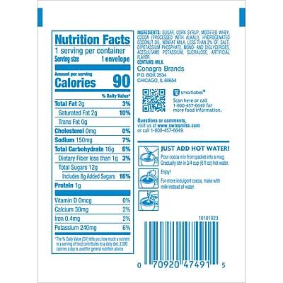 **Ingredients:**
- Sugar
- Corn Syrup
- Modified Whey
- Cocoa (Processed with Alkali)
- Hydrogenated Coconut Oil
- Nonfat Milk
- Less than 2% of: Salt, Dipotassium Phosphate, Mono and Diglycerides
- Artificial Flavor
- Acesulfame Potassium
- Sucralose

**Nutrition Facts:**
- Serving size: 1 envelope
- Servings per container: 1
- Calories: 90
- Total Fat: 2g (3% Daily Value)
  - Saturated Fat: 2g (10% Daily Value)
  - Trans Fat: 0g
- Cholesterol: 0mg (0% Daily Value)
- Sodium: 150mg (7% Daily Value)
- Total Carbohydrate: 16g (6% Daily Value)
  - Dietary Fiber: less than 1g (3% Daily Value)
  - Total Sugars: 12g
    - Includes 8g Added Sugars (16% Daily Value)
- Protein: 1g

**Vitamins and Minerals:**
- Vitamin D: 0mcg (0