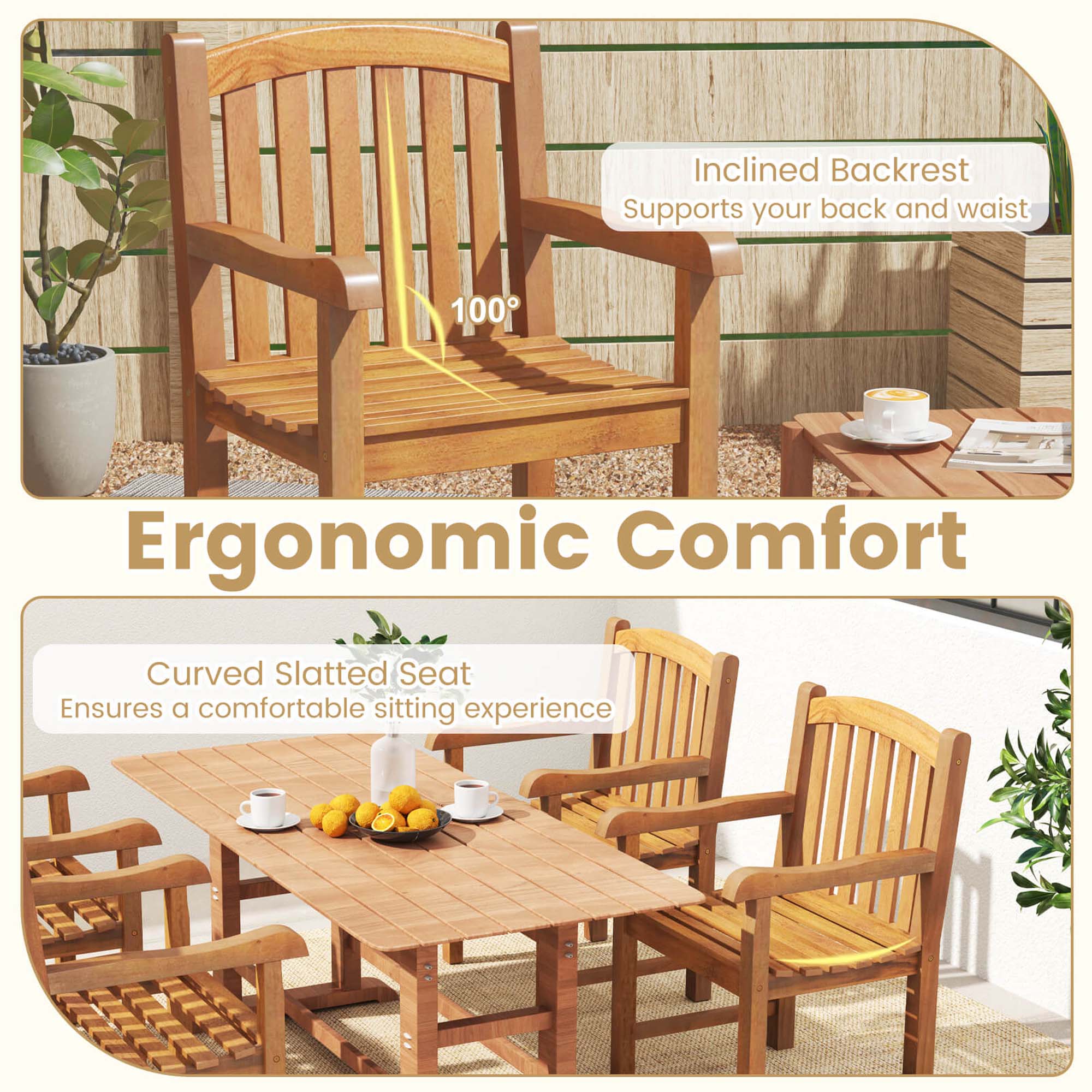 The text on the image is grouped and corrected as follows:

1. Inclined Backrest Supports your back and waist 100 Ergonomic Comfort
2. Curved Slatted Seat Ensures a comfortable sitting experience