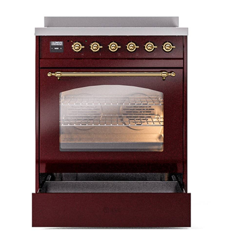Alt View 3. iLive - ILVE Nostalgie II 30 inch Induction Range with 4 Elements (Triple Glass Door, Burgundy, Brass) - Burgundy.