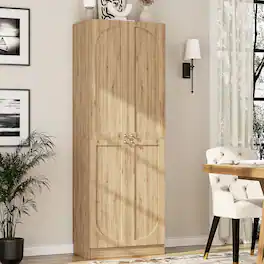 Aheaplus - 80" Tall Arched Storage Cabinet: 4-Door 6-Tier Wooden Pantry w/Adjustable Shelves, Wall-Fit for Home/Office/Kitchen - Natural Oak