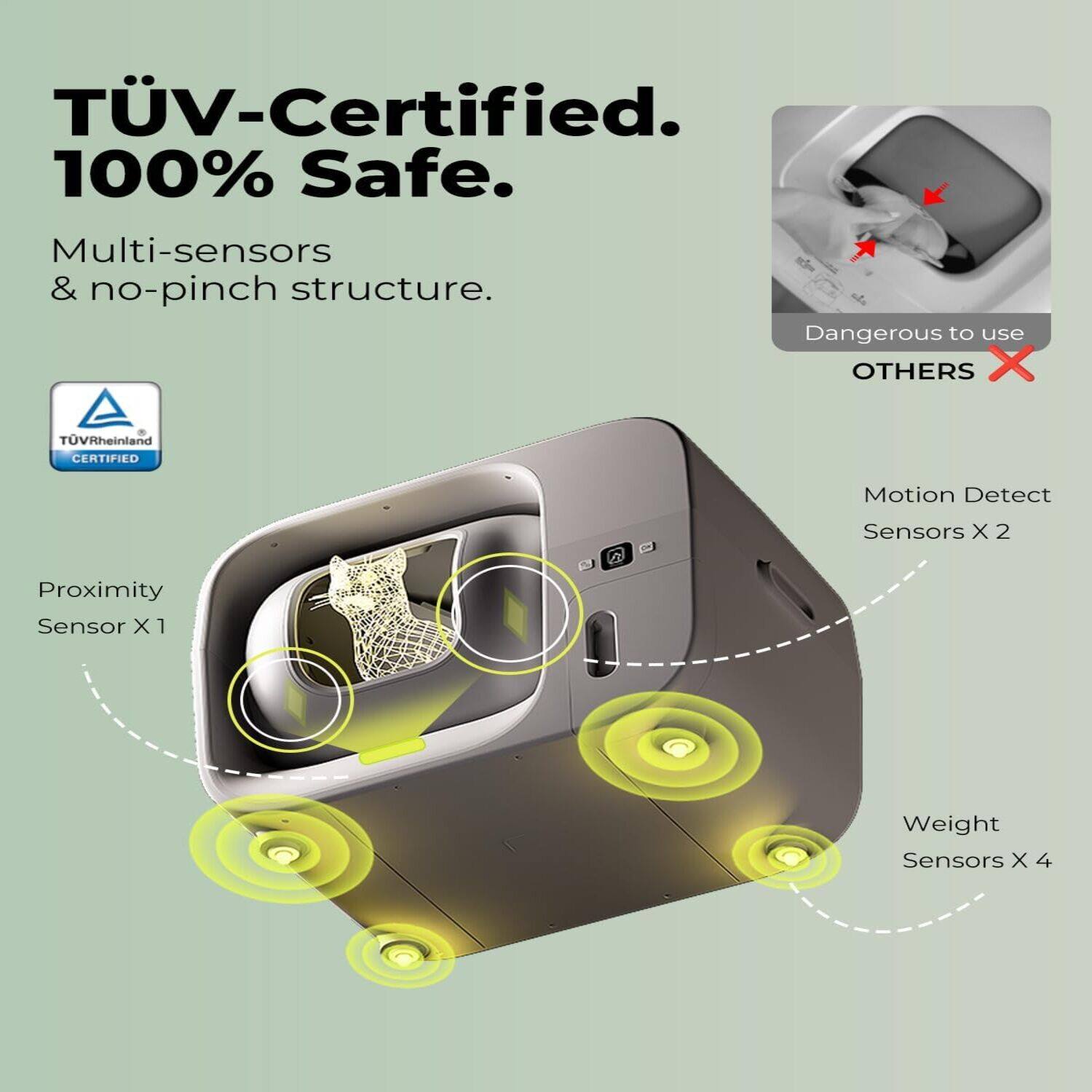 TÜV-Certified. 100% Safe.  
Multi-sensors & no-pinch structure.  

Dangerous to use OTHERS X  
TÜVRheinland CERTIFIED  
Motion Detect Sensors X 2  
Proximity Sensor X 1  
Weight Sensors X 4