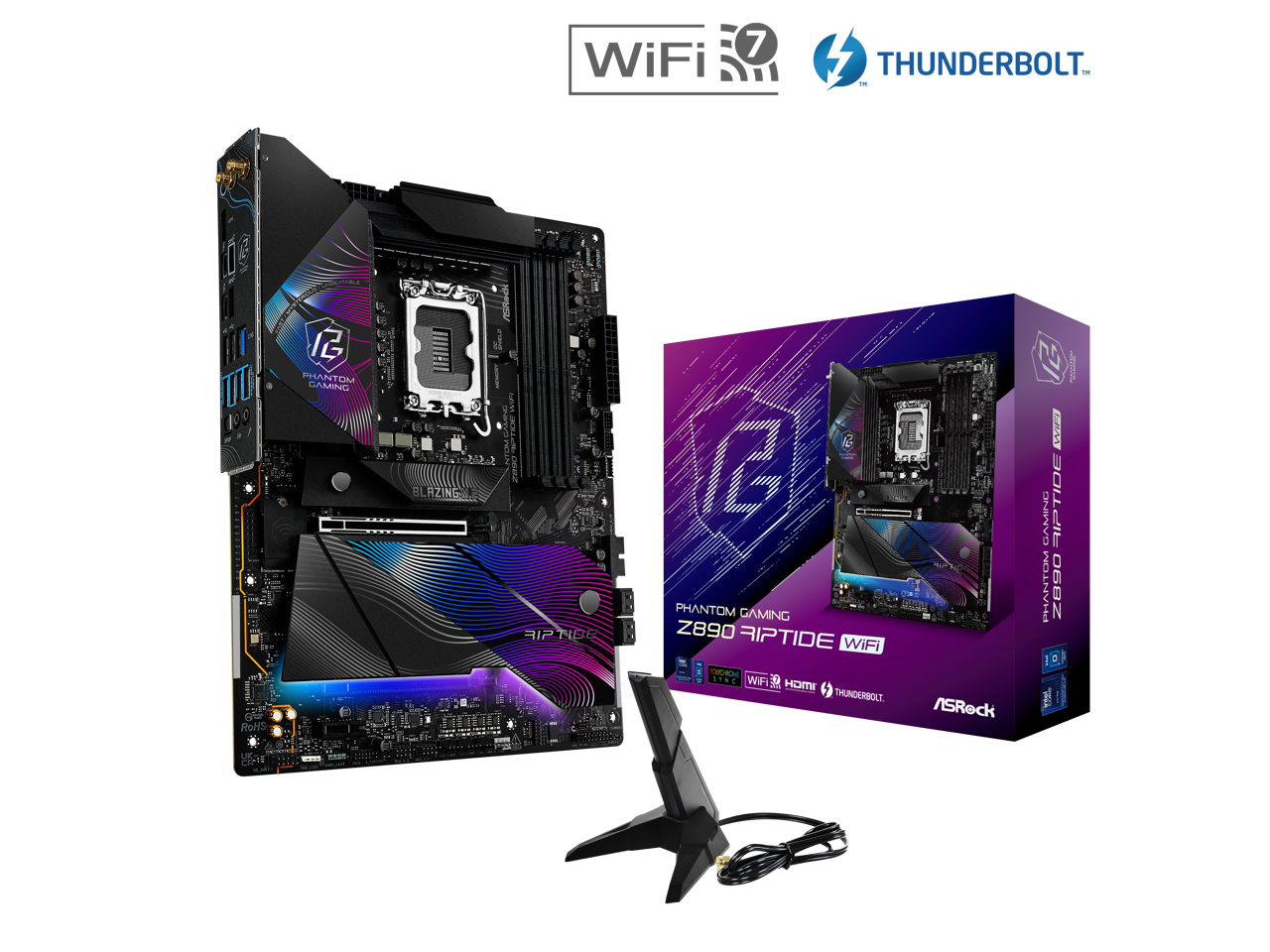 Sure, here is the corrected and grouped text:

- **WIFI 7**
- **THUNDERBOLT™**
- **PHANTOM GAMING**
- **Z890 RIPTIDE**
- **WiFi**
- **ROHS**
- **ASRock**
- **281**
- **GAMING**
- **Z890 RIPTIDE**
- **WiFi**
- **THUNDERBOLT**