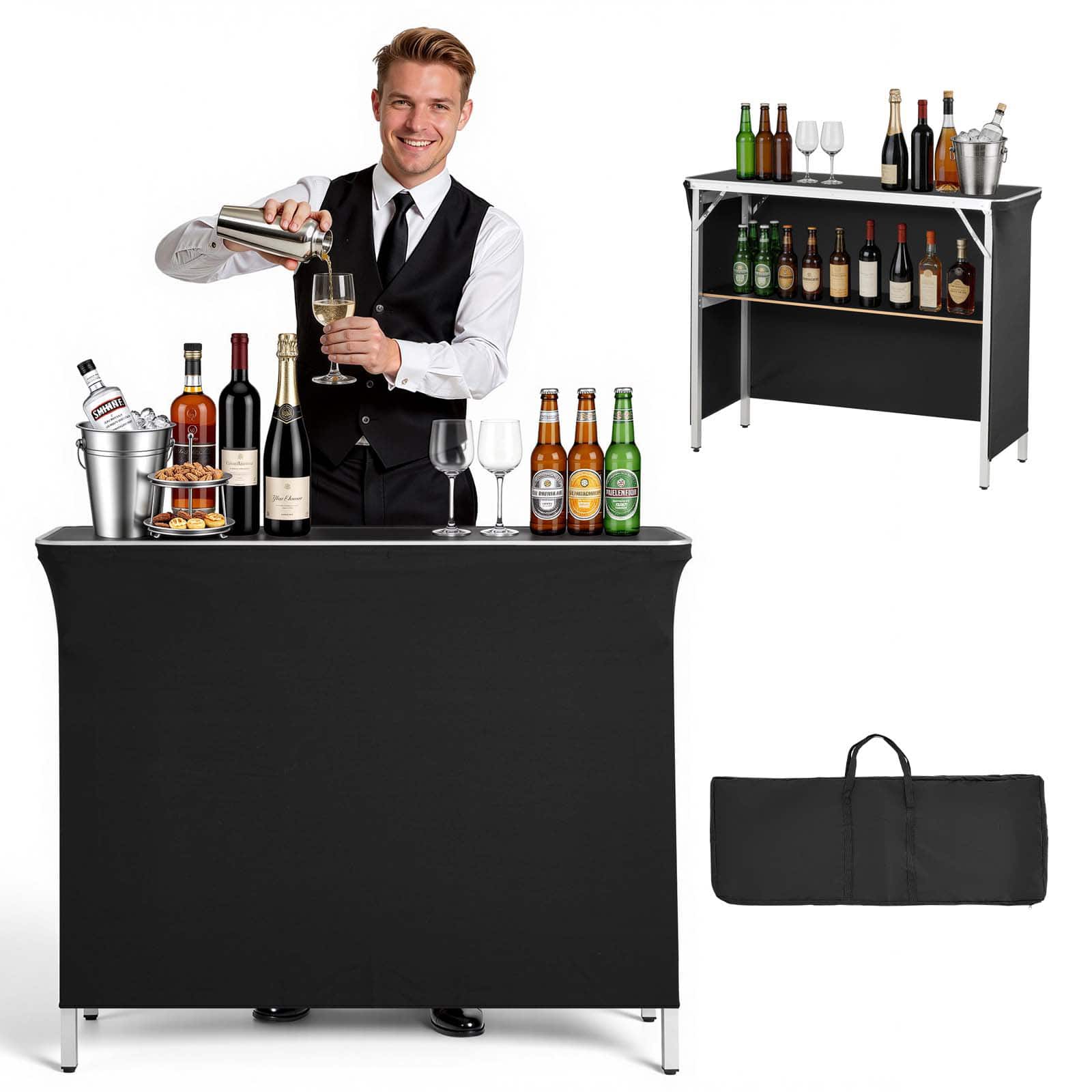 VEVOR - Folding Portable Bar Table, 43.3 x 15.2 x 34.8 in, with Carry Bag, Storage Shelf, and Detachable Skirt, Quick and Easy - Black price history on PriceWatchPro