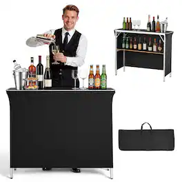 VEVOR - Folding Portable Bar Table, 43.3 x 15.2 x 34.8 in, with Carry Bag, Storage Shelf, and Detachable Skirt, Quick and Easy - Black