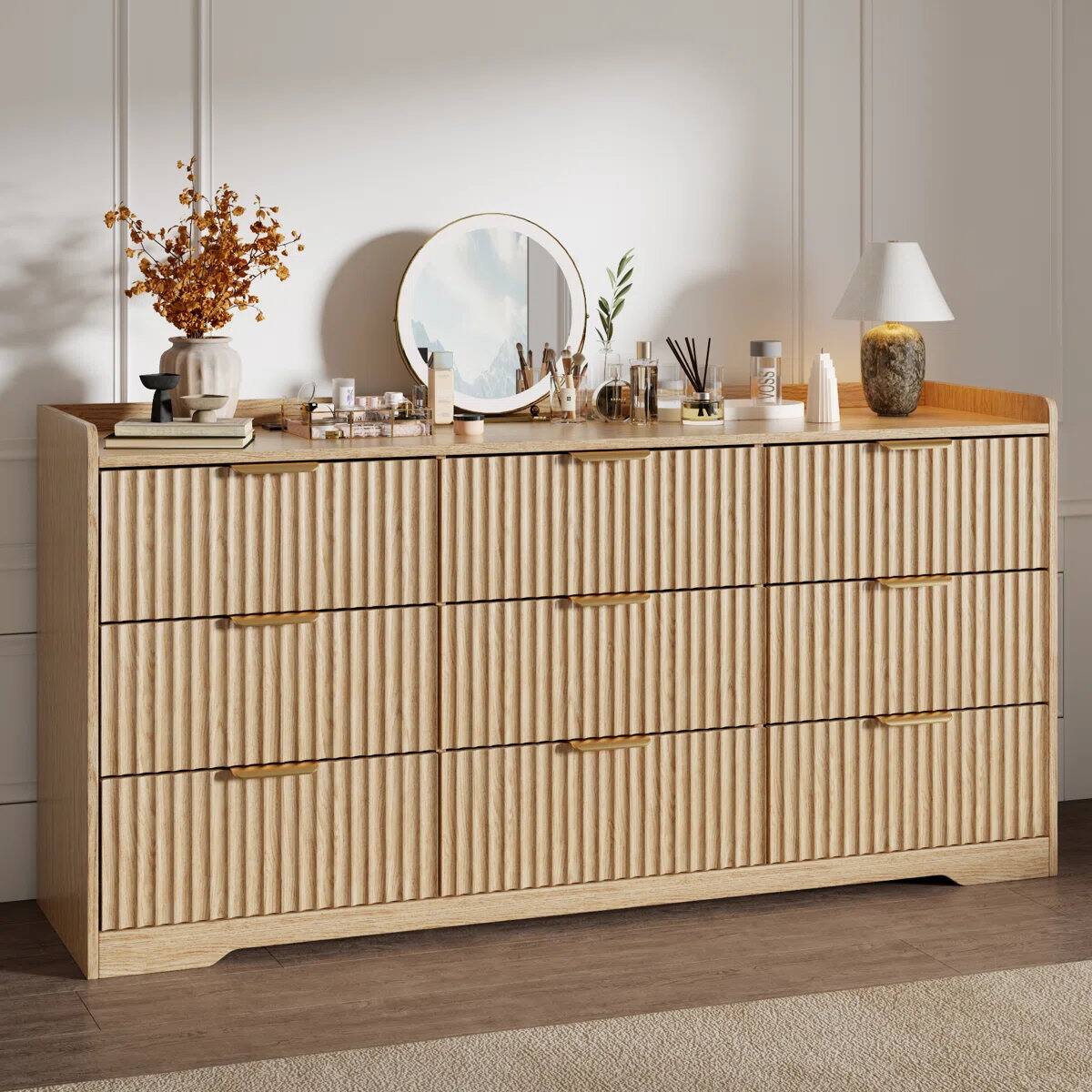 Alt View 2. Furnulem - 9 drawer Dresser Wood Wide Chest Of Drawers With Metal Handle - Gold.