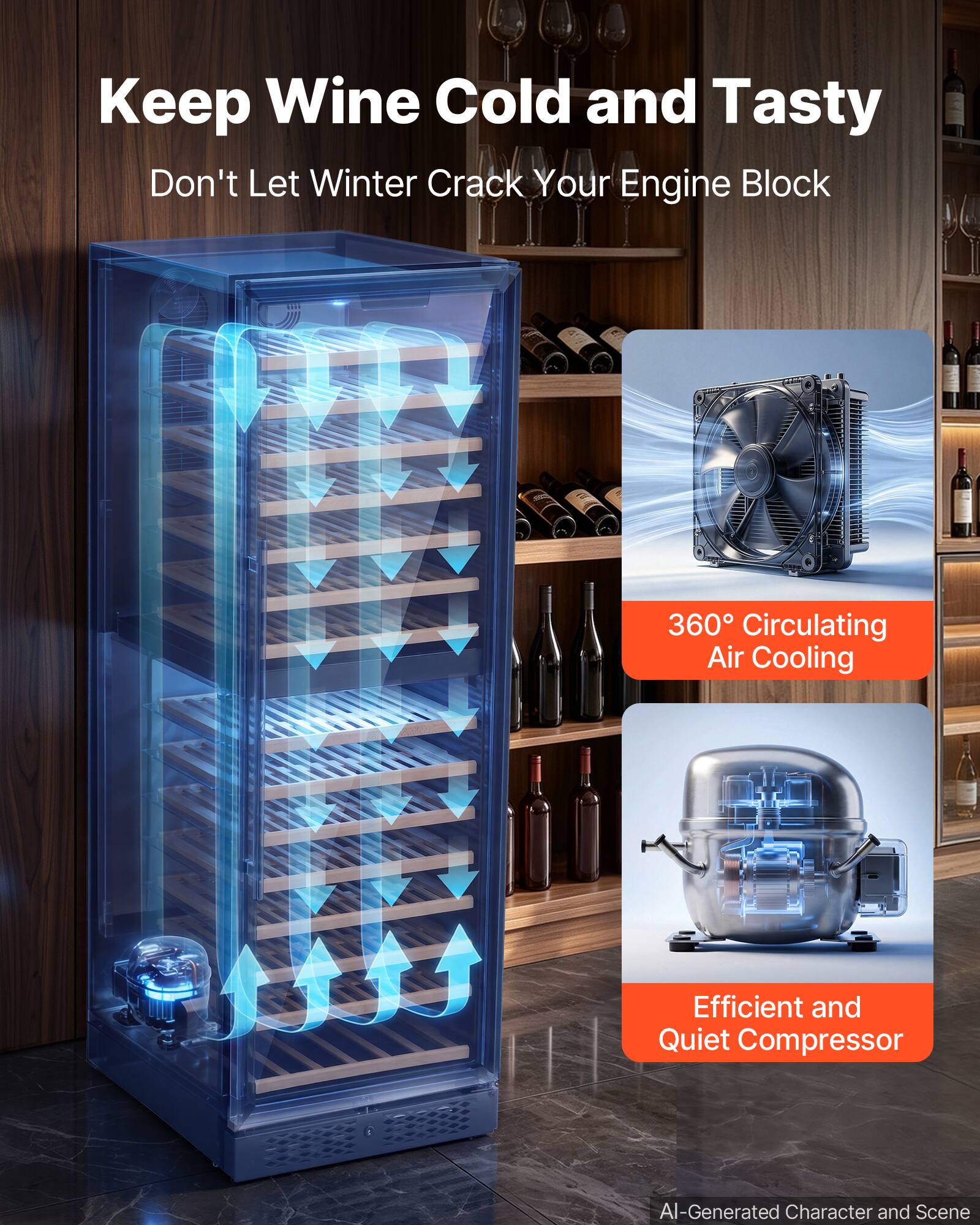 Keep Wine Cold and Tasty  
Don't Let Winter Crack Your Engine Block  

360° Circulating Air Cooling  
Efficient and Quiet Compressor  

AI-Generated Character and Scene