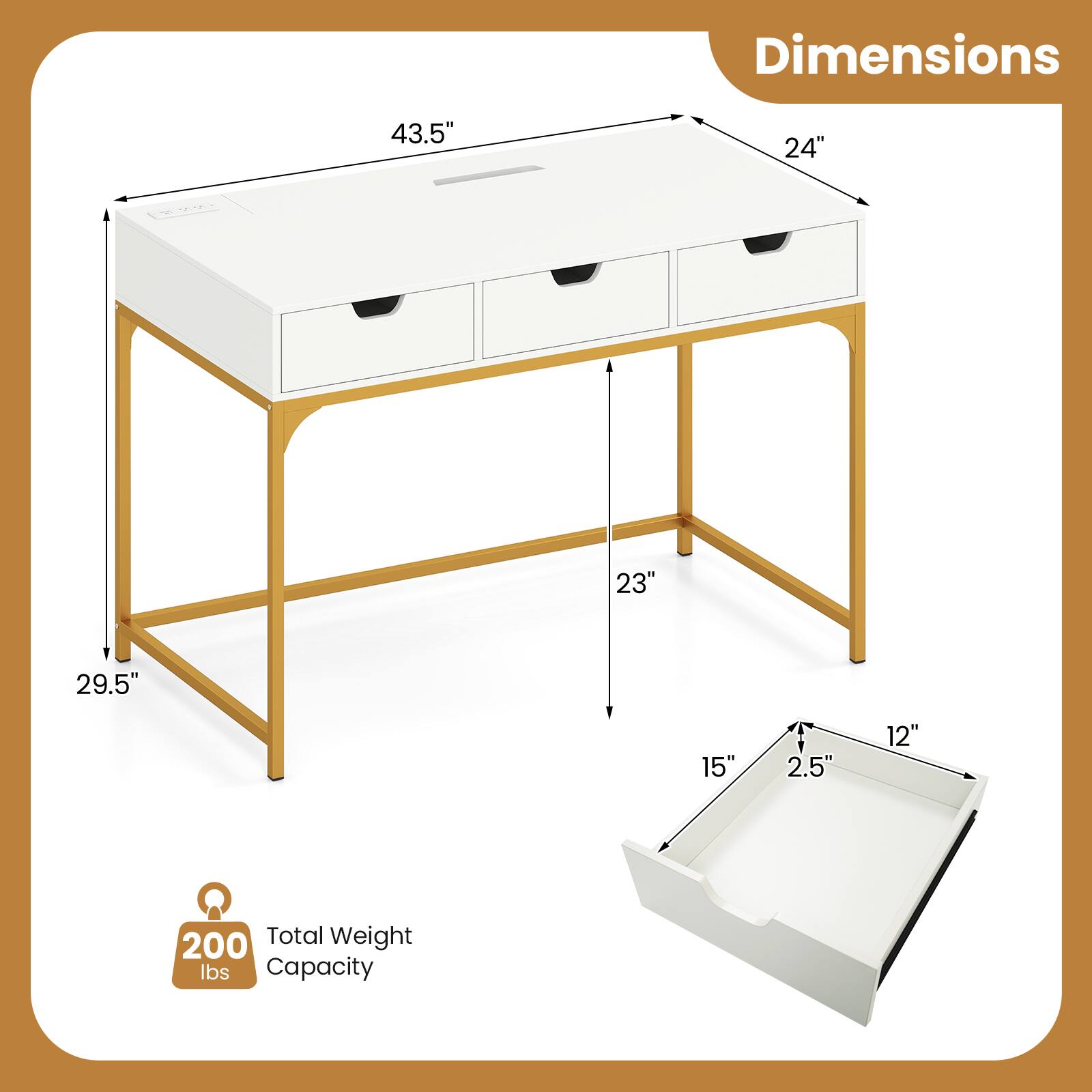 Dimensions: 43.5" x 24" x 23" x 29.5" x 15" x 2.5" x 12"  
Total Weight Capacity: 200 lbs