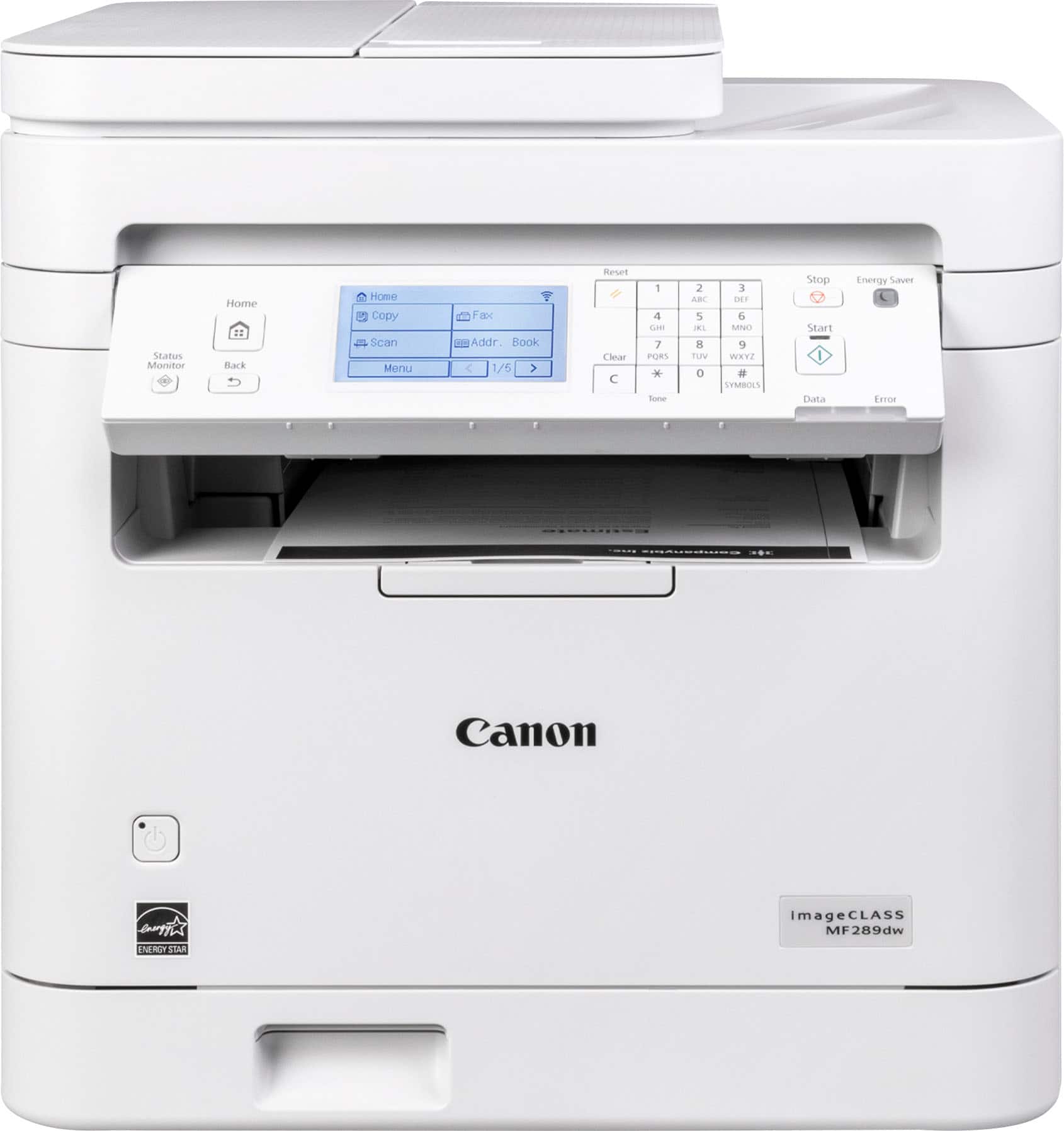 The image shows a white Canon printer with a blue LCD screen on the front. The printer is currently displaying the "Home" menu, which allows the user to access various settings and functions. The printer is also equipped with a "Copy" and "Scan" menu, as well as a "Clear" button for resetting the device. The printer is designed to be energy-efficient and environmentally friendly, as indicated by the Energy Star logo on the front.