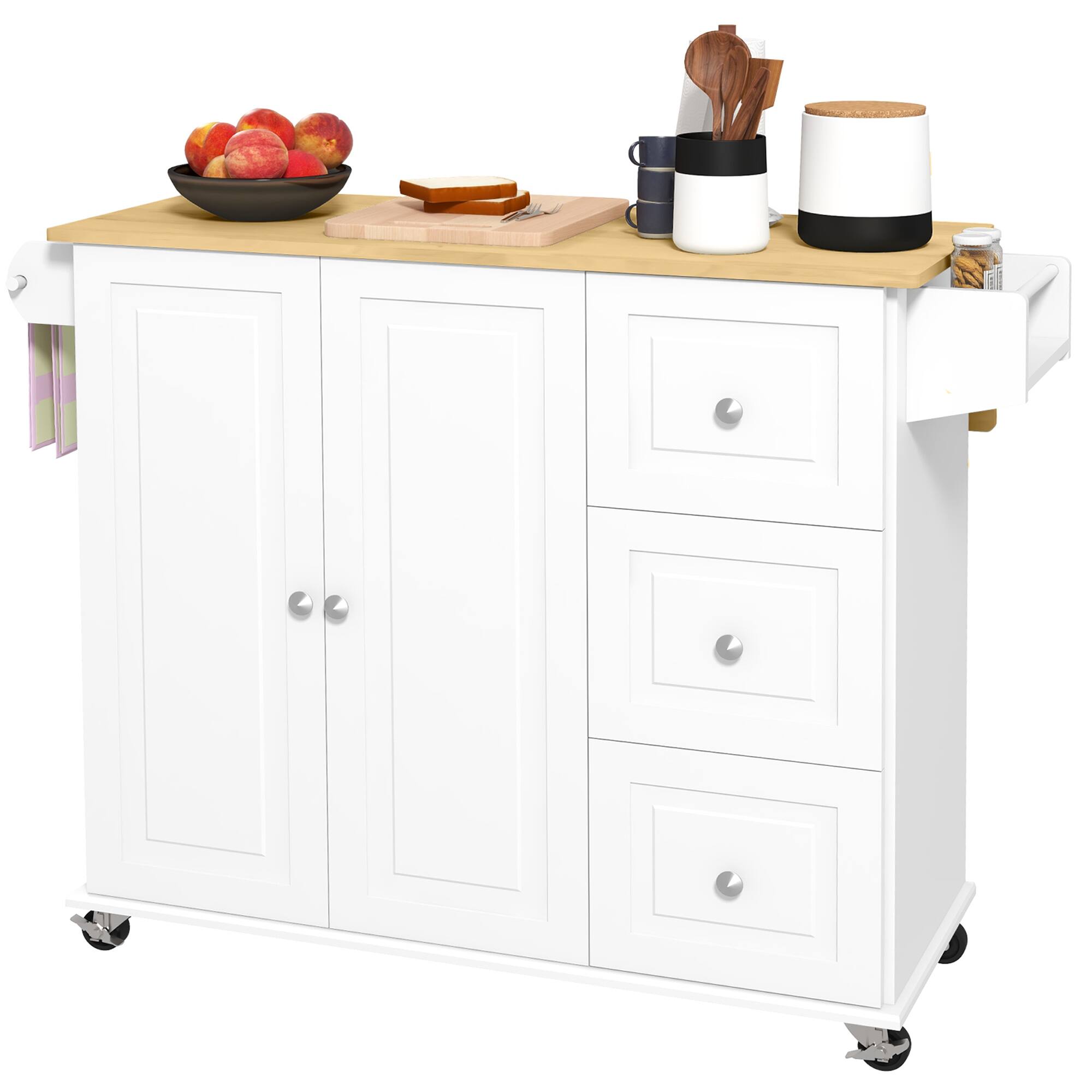 Front. Homcom - Drop Leaf Kitchen Island on Wheels, Rolling Kitchen Cart with Cabinet, 3 Drawers, Wooden Top, Towel Rack and Spice Rack - White.