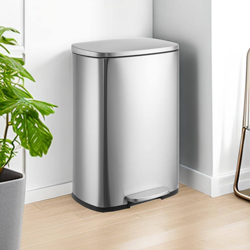 Left. Homhougo - 50L/13 Gallon Kitchen Trash Can, Hands-Free Stainless Steel Trash Can, Kitchen Trash Bin with Removable Inner Buckets - Silver.