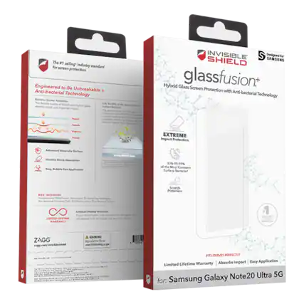 The #1 selling industry standard screen protection. Engineered to Be Unbreakable Anti-bacterial Technology Extreme Shatter Protection The flexible shock absorption. The quality of 99.99% of the most common surface bacteria. The Gland INVISIBLE SHIELD Designed for SAMSUNG for SHIELD Hybrid Glass glassfusion* Screen Protection with Anti-bacterial Technology Advanced Glass-like Surface Flexible Shock Absorption Easy Bubble-free Application Sweep Mybld - Kills 99.99% of the Most Common Surface Bacteria BOX INCLUDES E Cleaning Cloth Disinfecting Wipes Scratch Protection LIMITED LIFETIME WARRANTY Limited Lifetime Warranty your will for - long you SELLING SCREEN ZAGG sugg.com/imvixdesdold ANK godacihe Rrs Kre www.Pjtaning.oo.gom 0050 FITS CURVES PERFECTLY Absorbs Impact Easy Application Limited Lifetime Warranty for: Samsung Galaxy Note20 Ultra 5G
