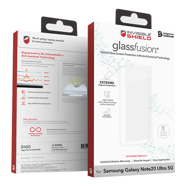 The #1 selling industry standard screen protection. Engineered to Be Unbreakable Anti-bacterial Technology Extreme Shatter Protection The flexible shock absorption. The quality of 99.99% of the most common surface bacteria. The Gland INVISIBLE SHIELD Designed for SAMSUNG for SHIELD Hybrid Glass glassfusion* Screen Protection with Anti-bacterial Technology Advanced Glass-like Surface Flexible Shock Absorption Easy Bubble-free Application Sweep Mybld - Kills 99.99% of the Most Common Surface Bacteria BOX INCLUDES E Cleaning Cloth Disinfecting Wipes Scratch Protection LIMITED LIFETIME WARRANTY Limited Lifetime Warranty your will for - long you SELLING SCREEN ZAGG sugg.com/imvixdesdold ANK godacihe Rrs Kre www.Pjtaning.oo.gom 0050 FITS CURVES PERFECTLY Absorbs Impact Easy Application Limited Lifetime Warranty for: Samsung Galaxy Note20 Ultra 5G