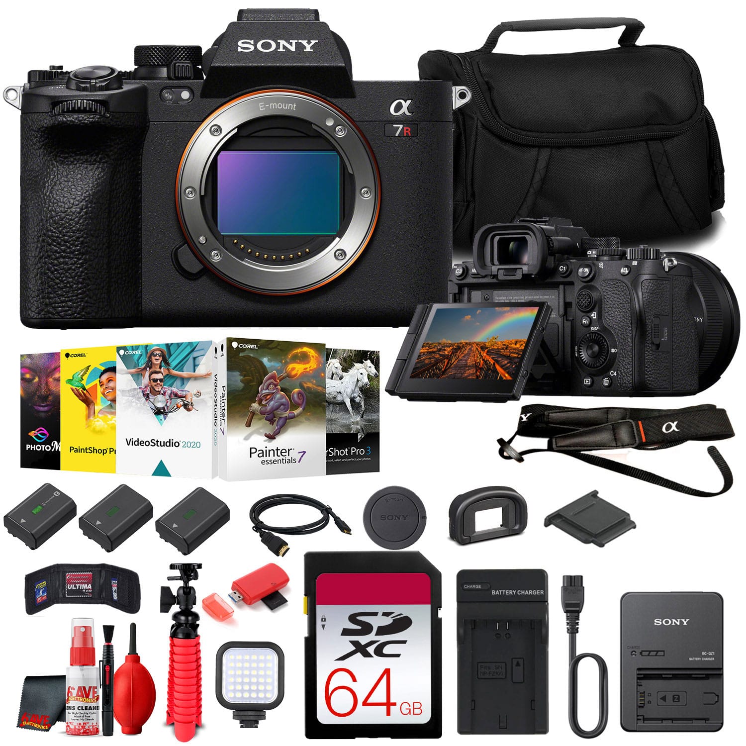 Sony - a7R V Mirrorless Camera Bundle + 64GB Card + Bag + 2 Batteries + Charger + LED Light + HDMI Cable Kit