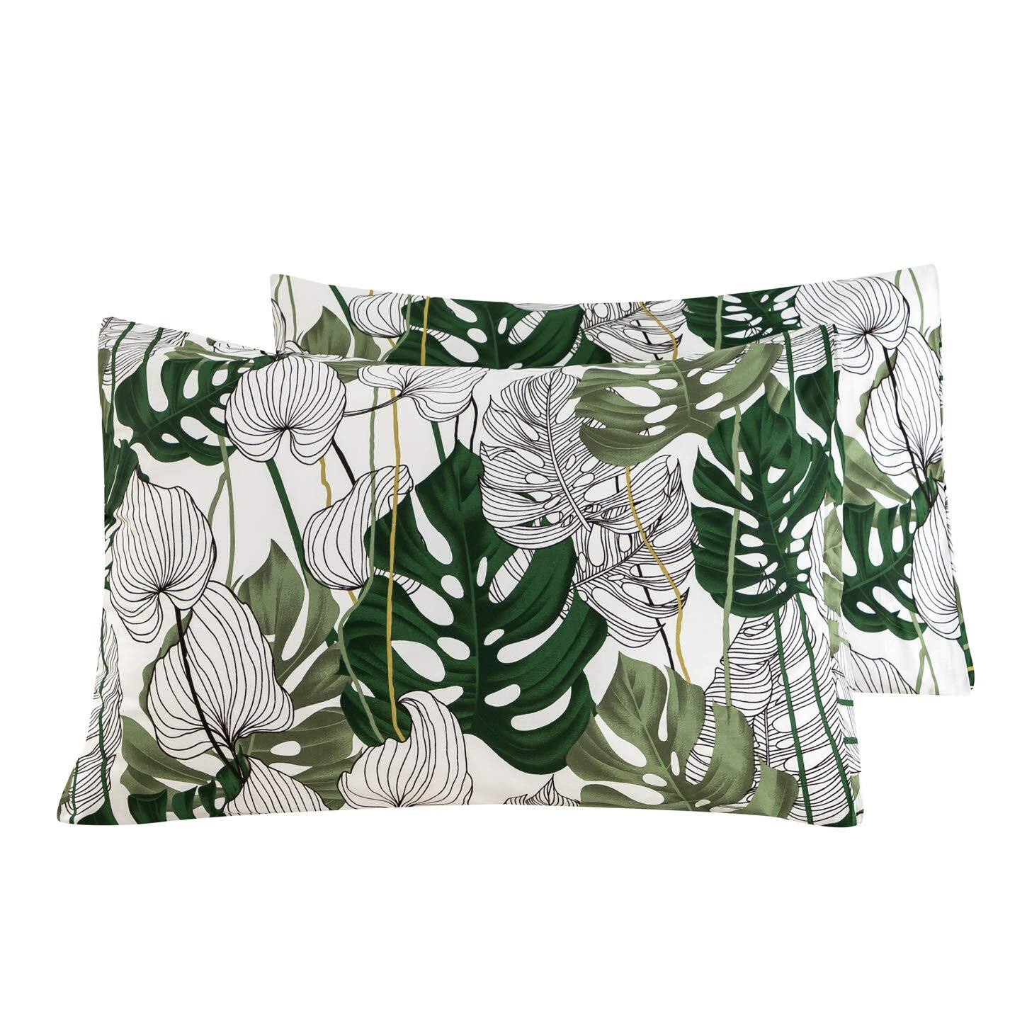 Alt View 5. Fabibe - Pillowcase Cotton Queen Size Set Of 2 Green Botanical Monstera Leaves Print Decorative Bed Pillow Covers With Envelope - Blue Plants-King.
