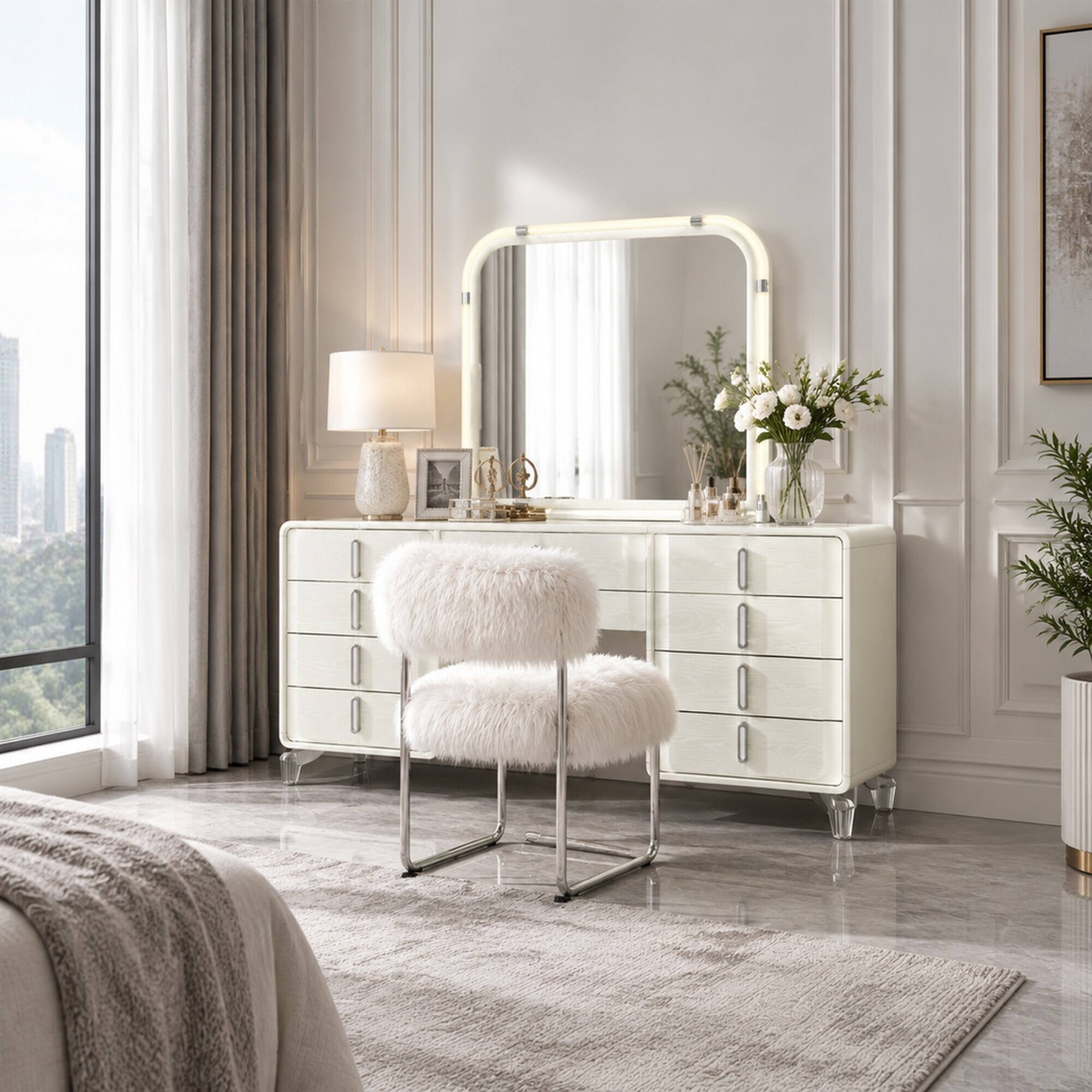 Alt View 2. RYHNUYNE - Beige LED Dresser Mirror, Large Rounded Edges, Impact Resistant Glass, Contemporary Bedroom Vanity - Beige.