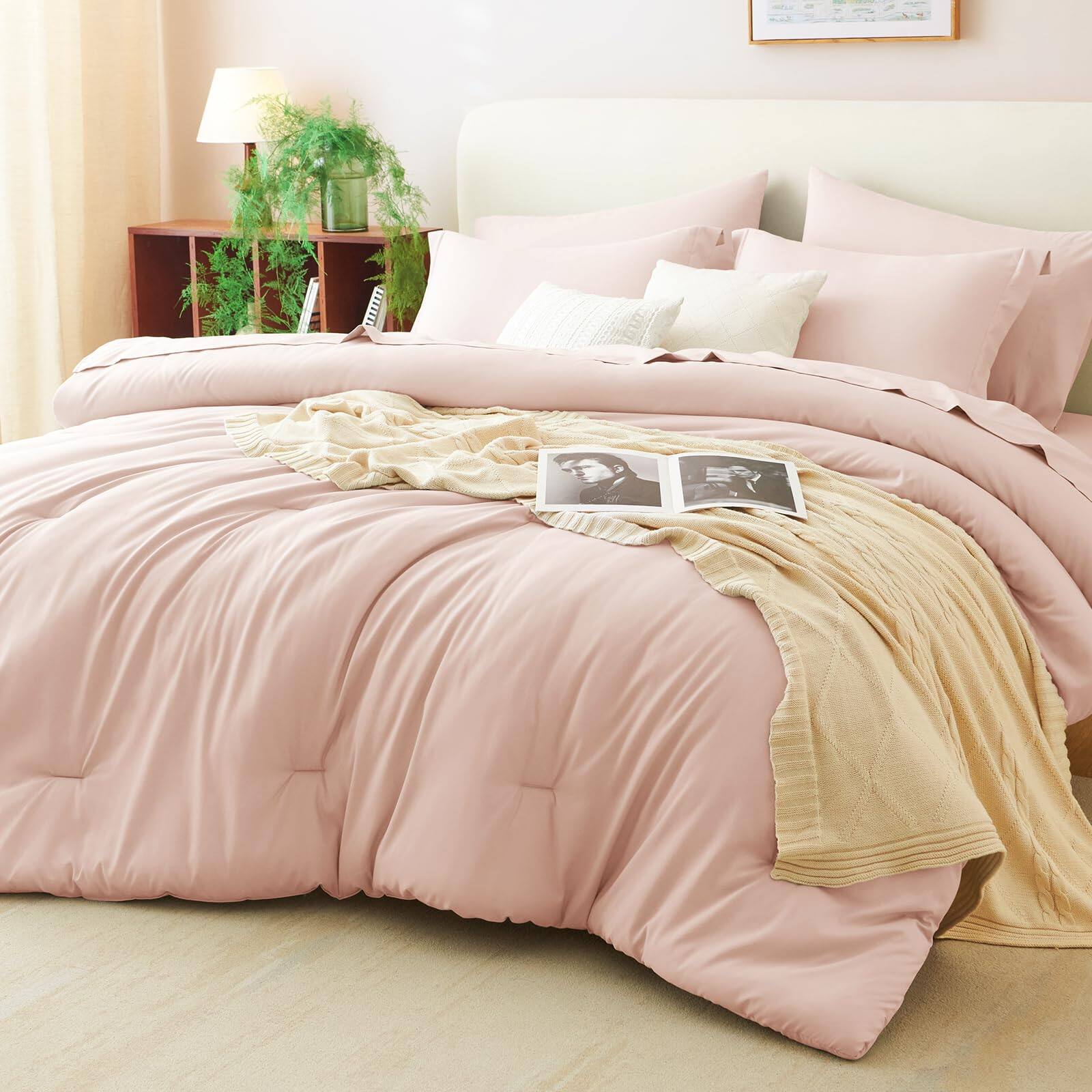 TECH SAFARI - Comforter Set Bed In A Bag Soft Bedding With Sheets All Season Boho Sets Fitted Flat Pillow Shams And Pillo - Blush Pink Twin