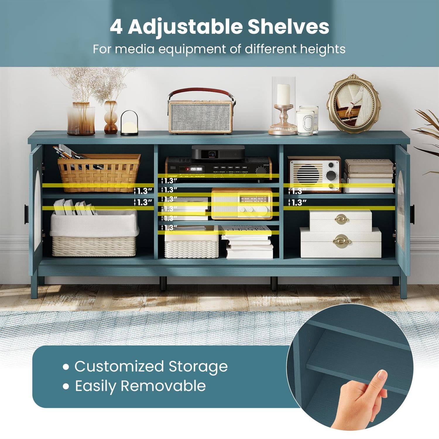 4 Adjustable Shelves  
For media equipment of different heights

- Customized Storage
- Easily Removable