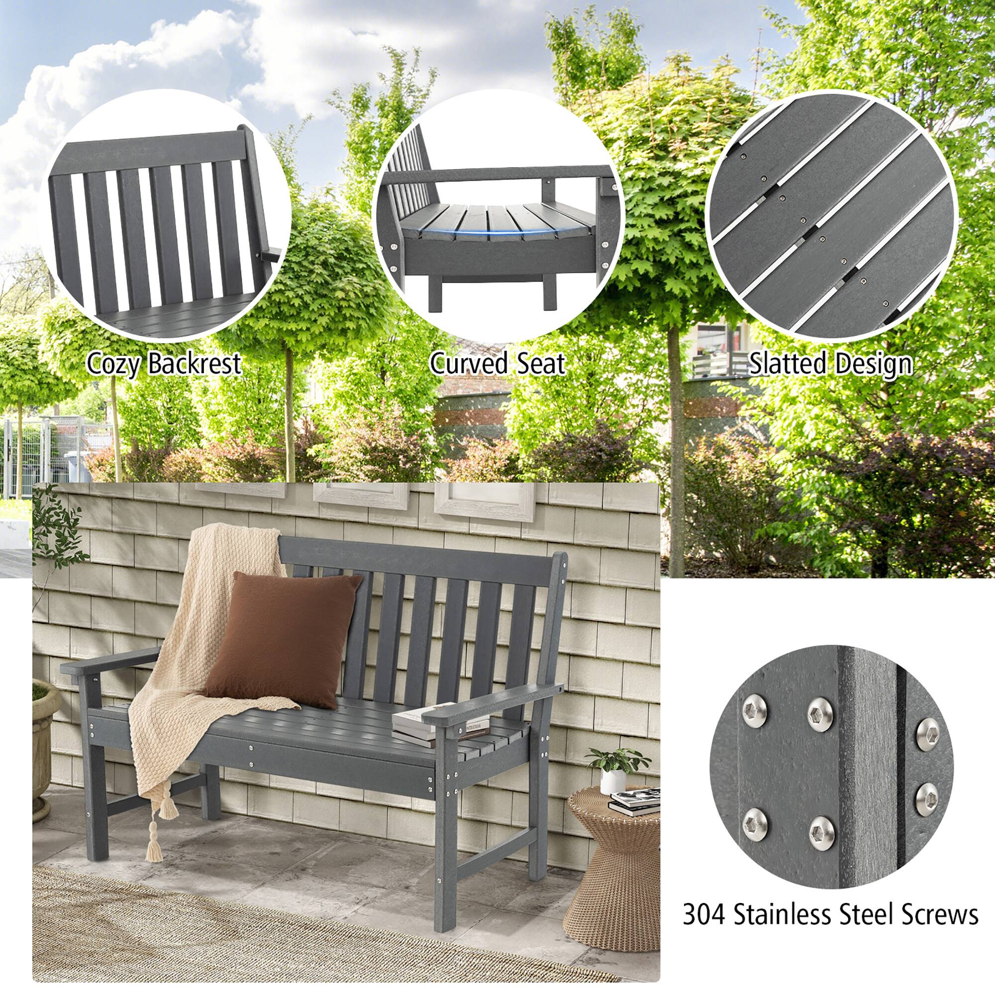 - Cozy Backrest
- Curved Seat
- Slatted Design
- 304 Stainless Steel Screws