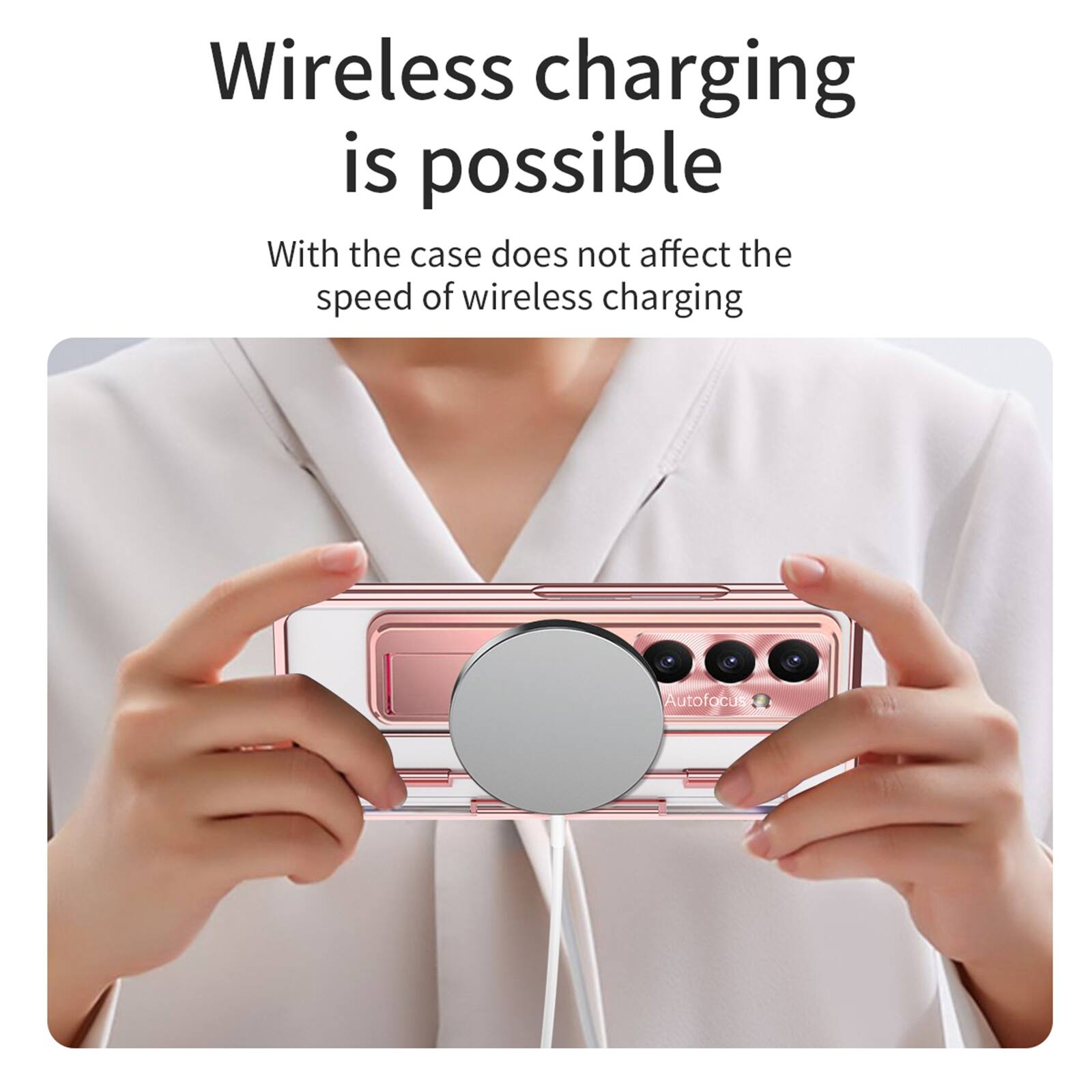 Wireless charging is possible. With the case, it does not affect the speed of wireless charging. Autofocus
