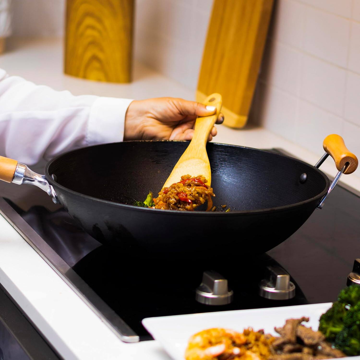 Alt View 9. Escali - Joyce Chen Professional Series 14-Inch Preseasoned Cast Iron Flat Bottom Wok with Maple Handle - Black.