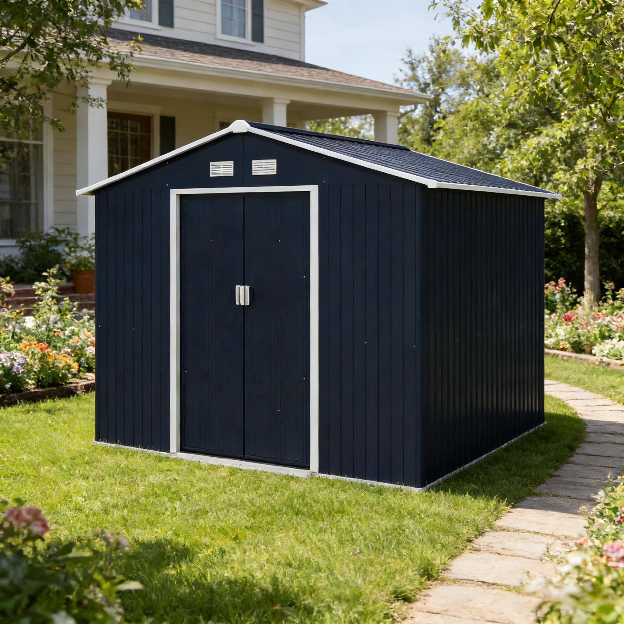 Left. Anysun - 126" Metal Storage Shed with Sliding Doors & Ventilation, Spacious Outdoor Tool Shed for Garden or Yard - Dark Gray.