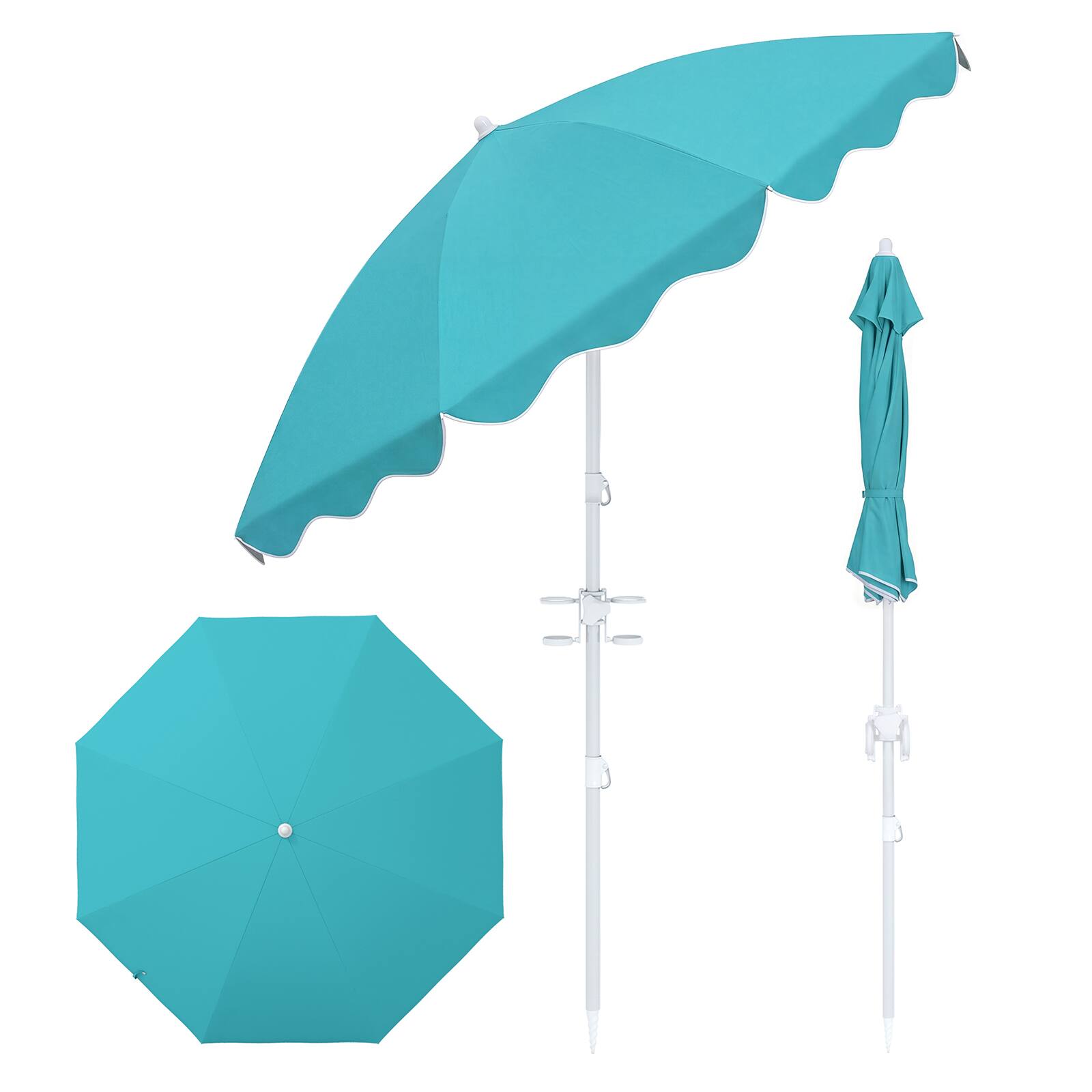 Costway - 6.5 FT Beach Umbrella with Tilt & Sand Anchor, UPF 50+ Sun Protection, Cup Holders - Turquoise Stripe